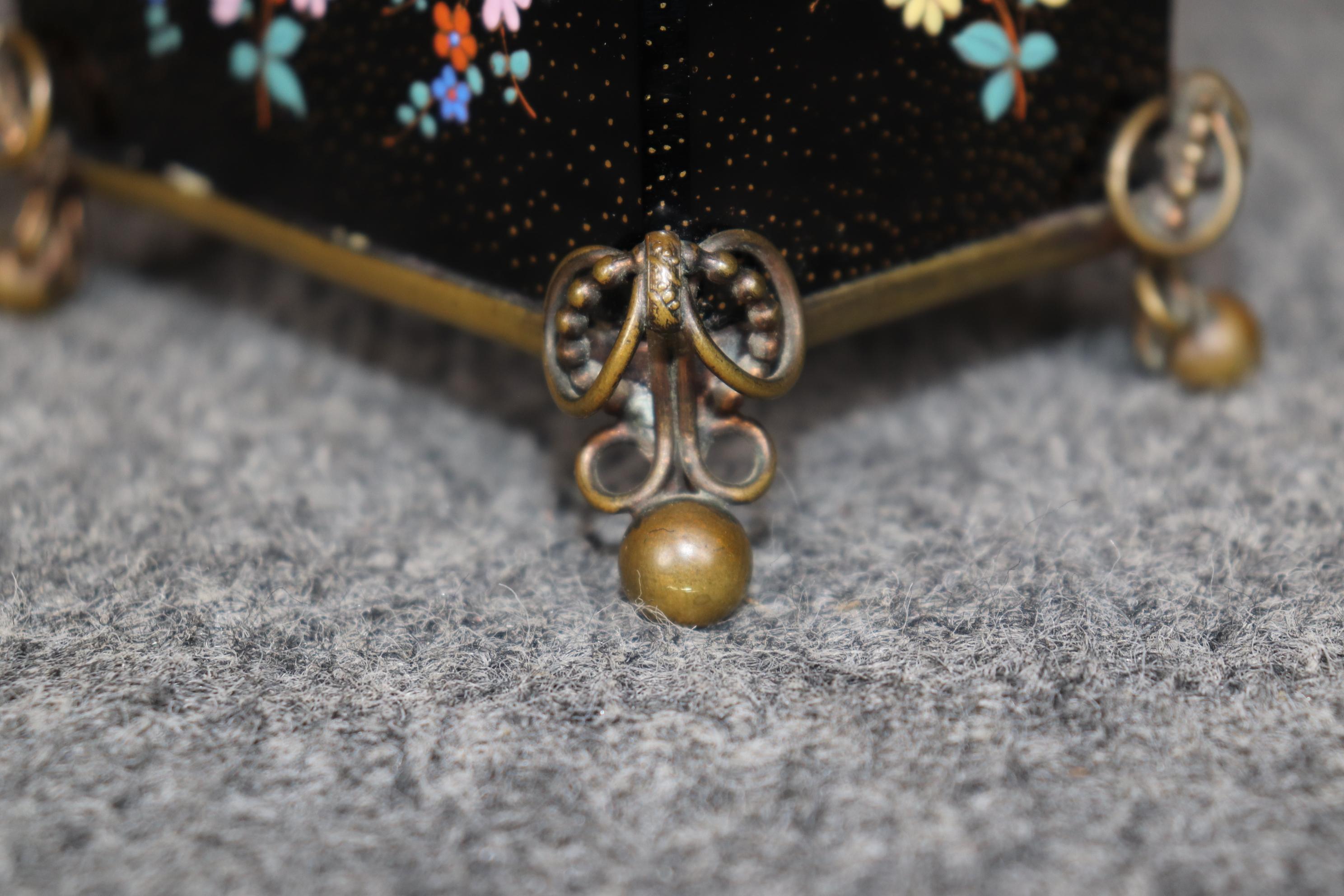 Antique French Black Cut Crystal and Bronze Jewelry Box with Enamel Decorations For Sale 3