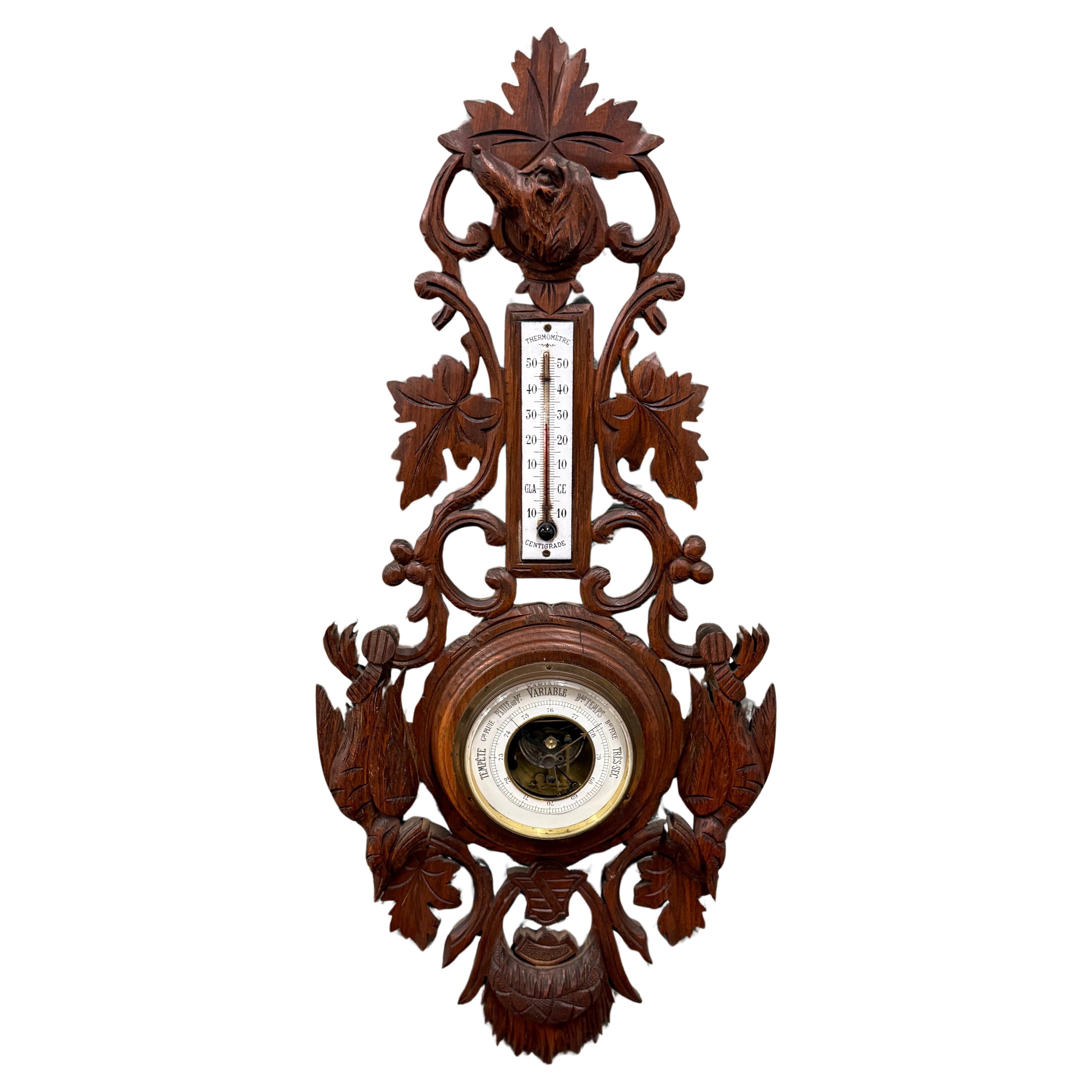 Antique French Black Forest Barometer Thermometer Hound Dogs Birds Carved Oak