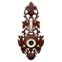 Antike Französisch Black Forest Barometer Thermometer Hund Hunde Vögel geschnitzt Eiche