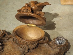 Antique French Black Forest Carved Inkwell with Oak Leaves and Birds, Circa 1890
