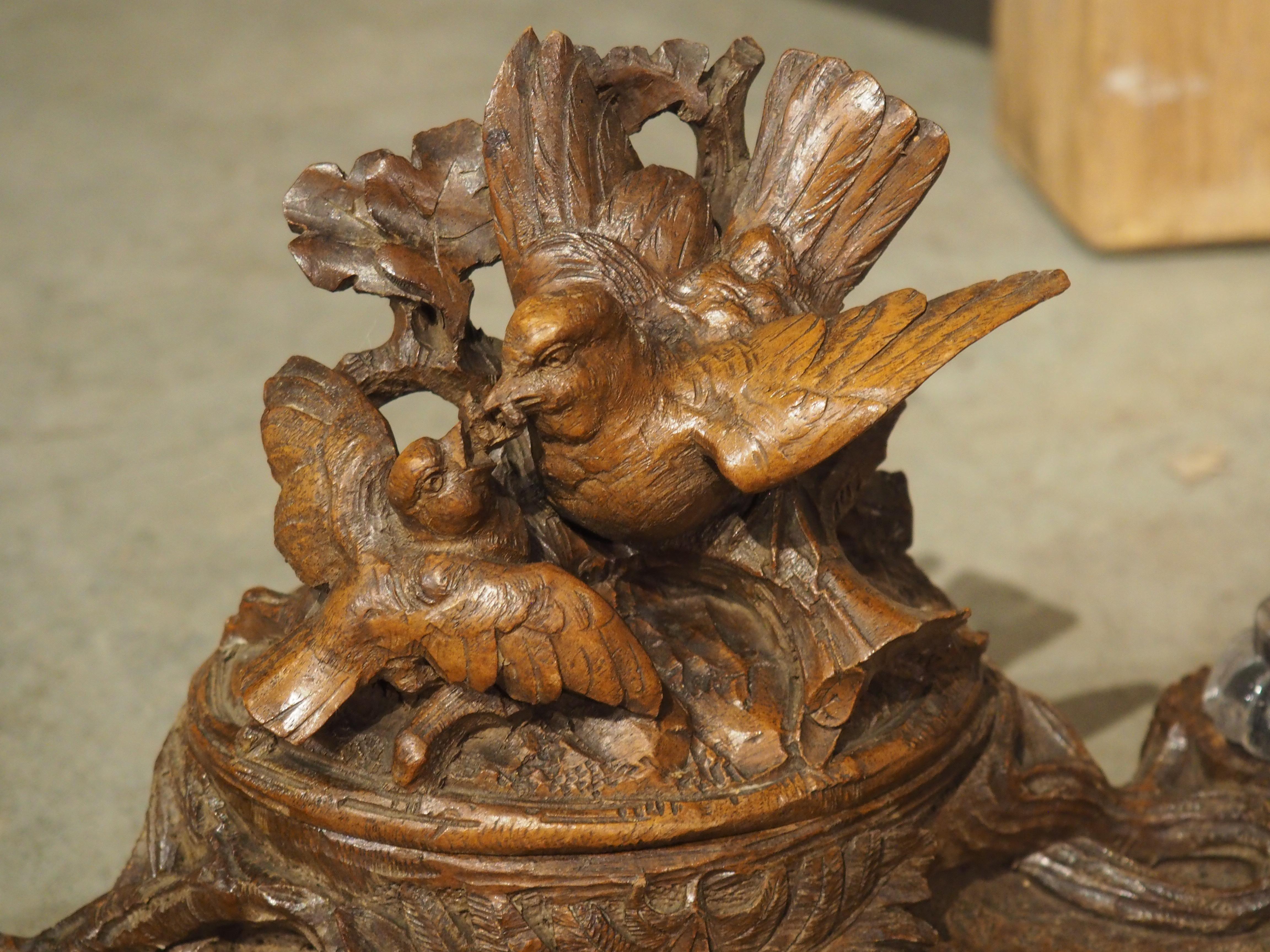 Hand-Carved Antique French Black Forest Carved Inkwell with Oak Leaves and Birds, Circa 1890 For Sale