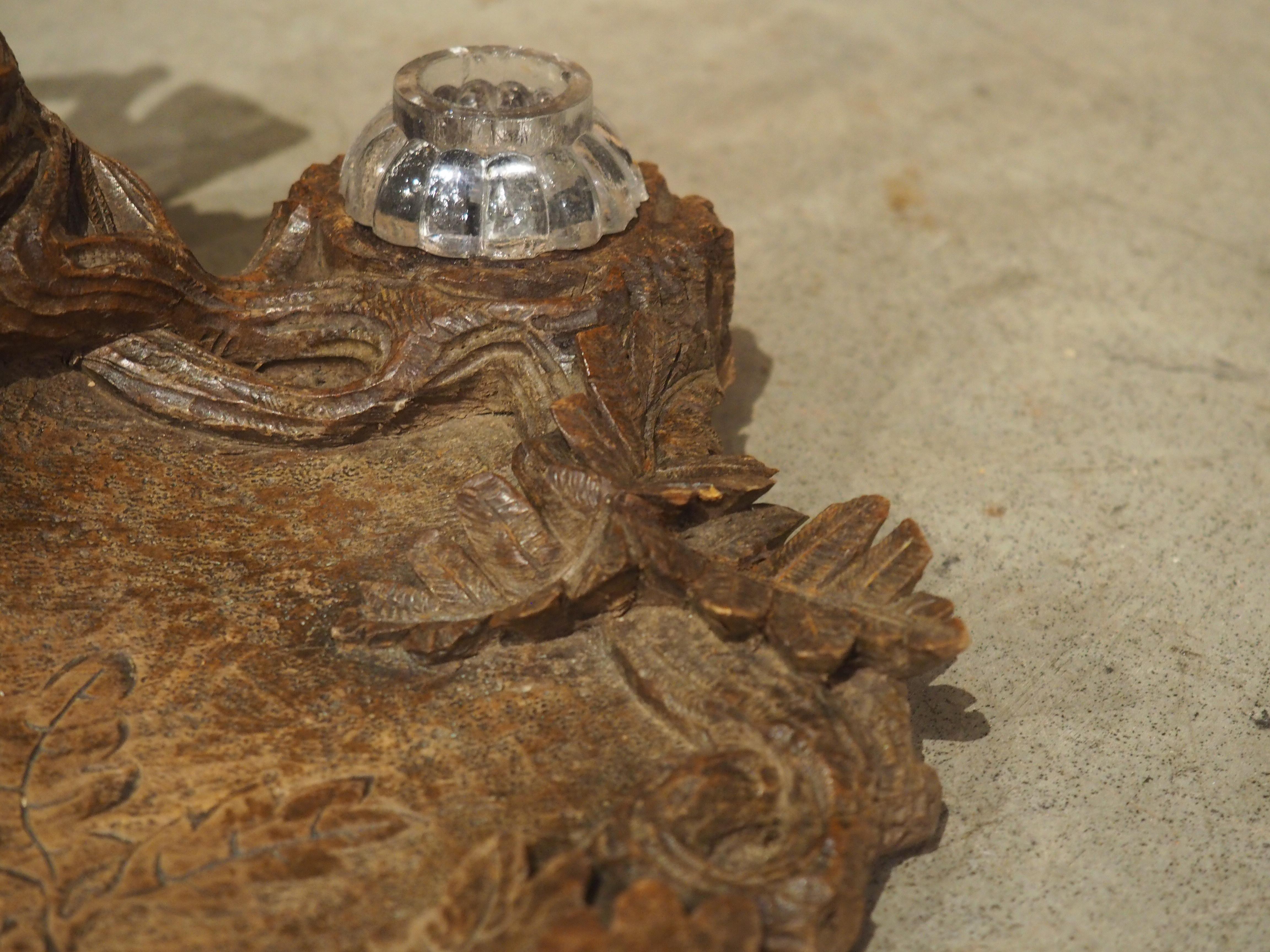 Late 19th Century Antique French Black Forest Carved Inkwell with Oak Leaves and Birds, Circa 1890 For Sale