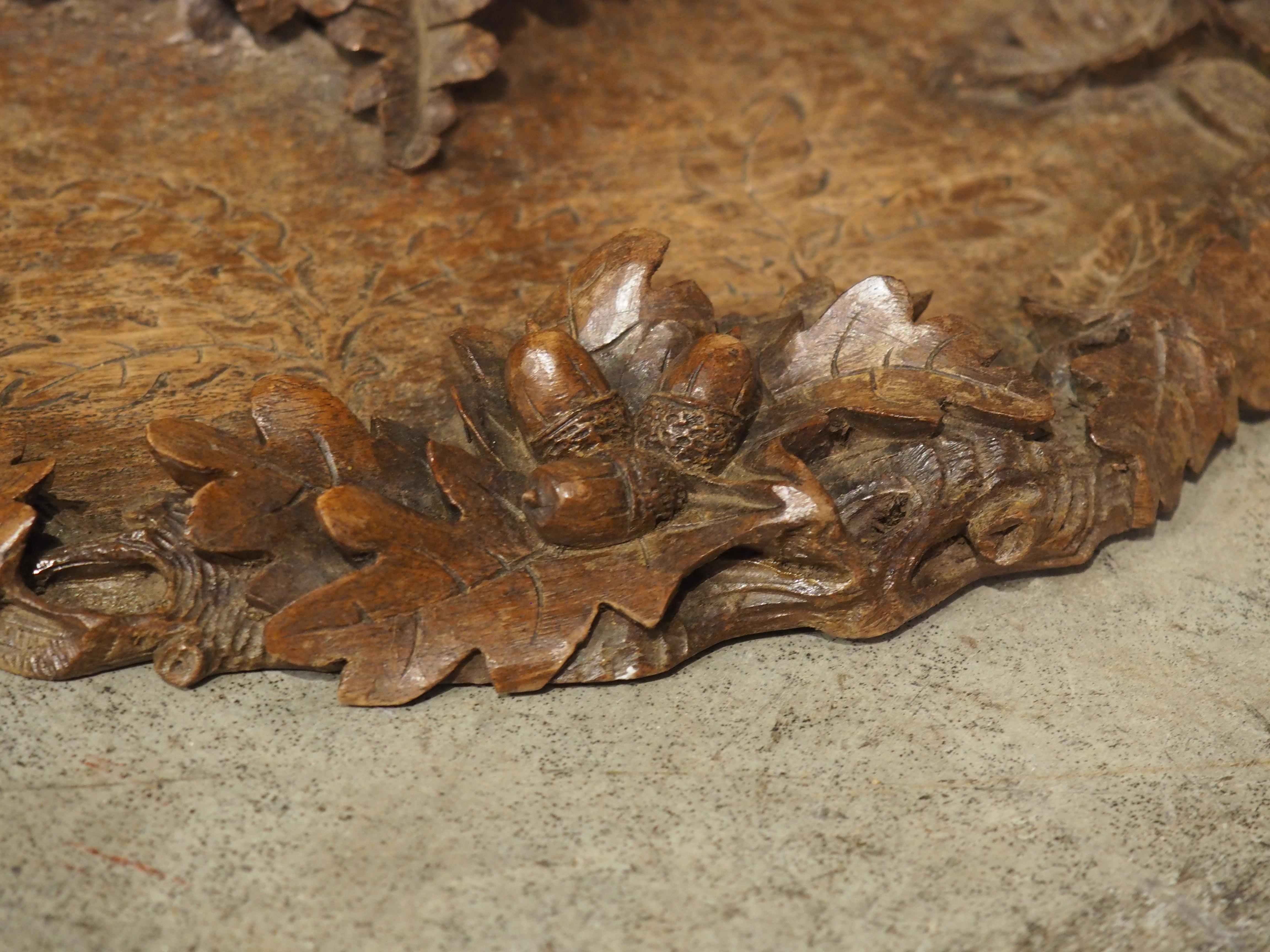 Glass Antique French Black Forest Carved Inkwell with Oak Leaves and Birds, Circa 1890 For Sale