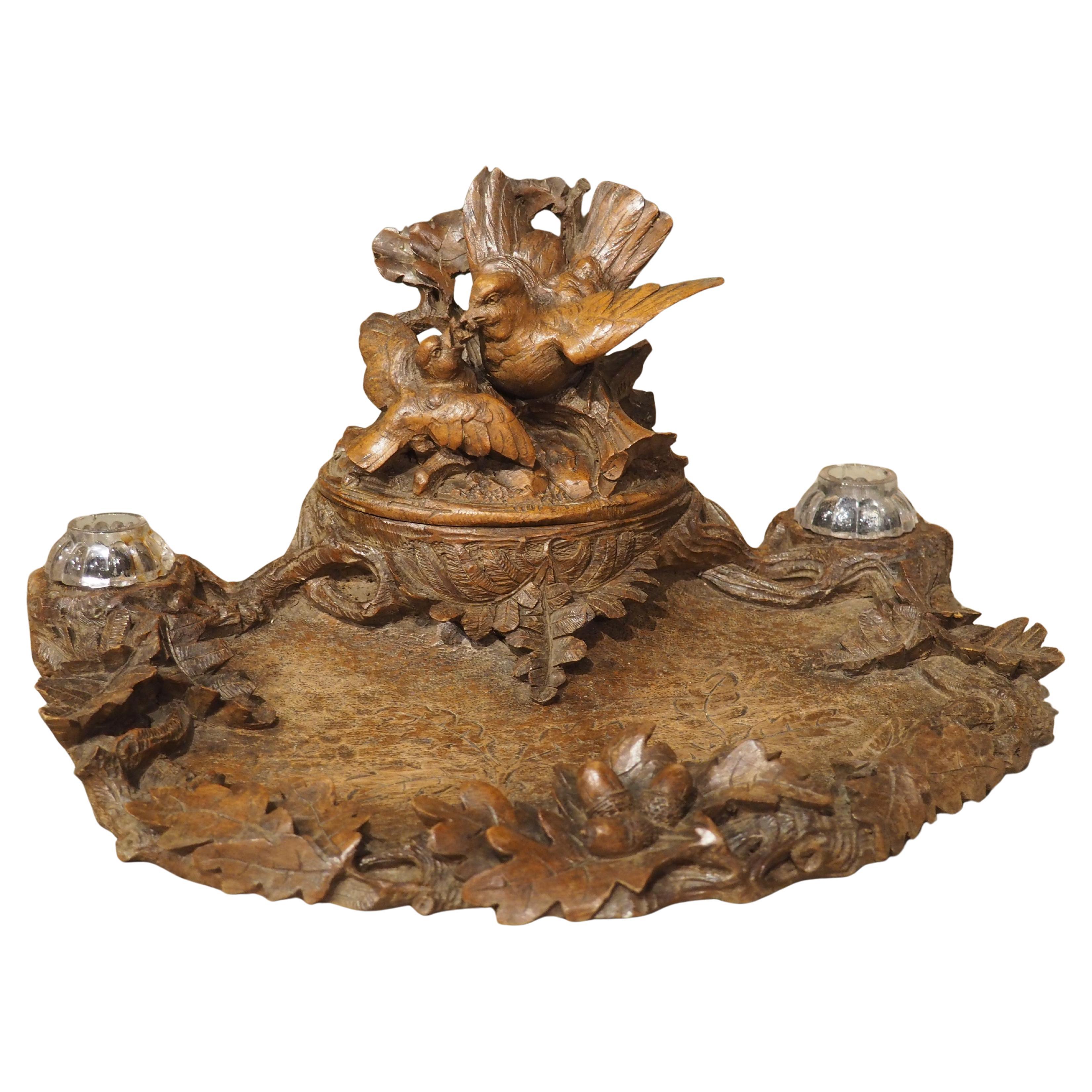 Antique French Black Forest Carved Inkwell with Oak Leaves and Birds, Circa 1890