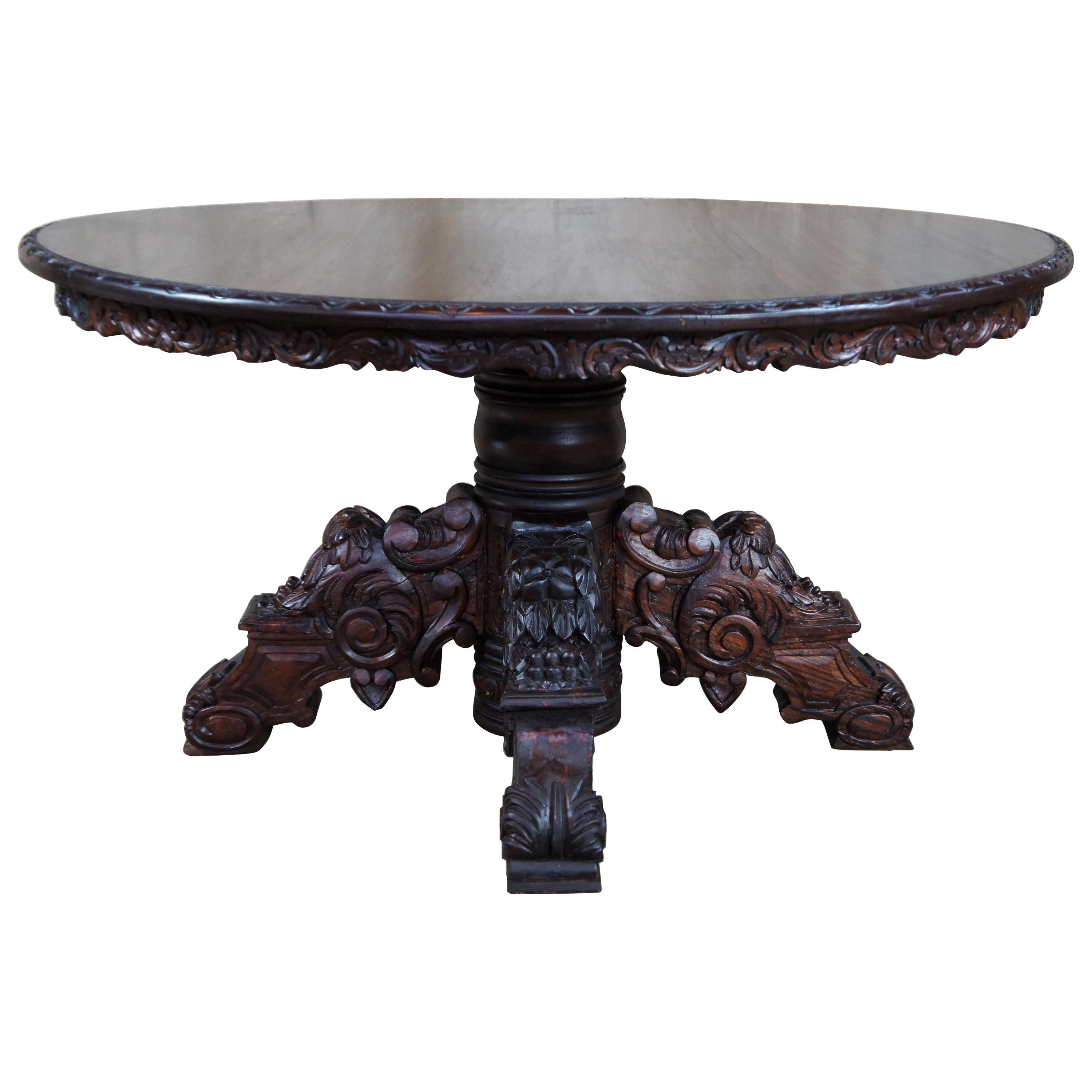 Antique French Black Forest Carved Walnut Oval Hunt Dining Library Table