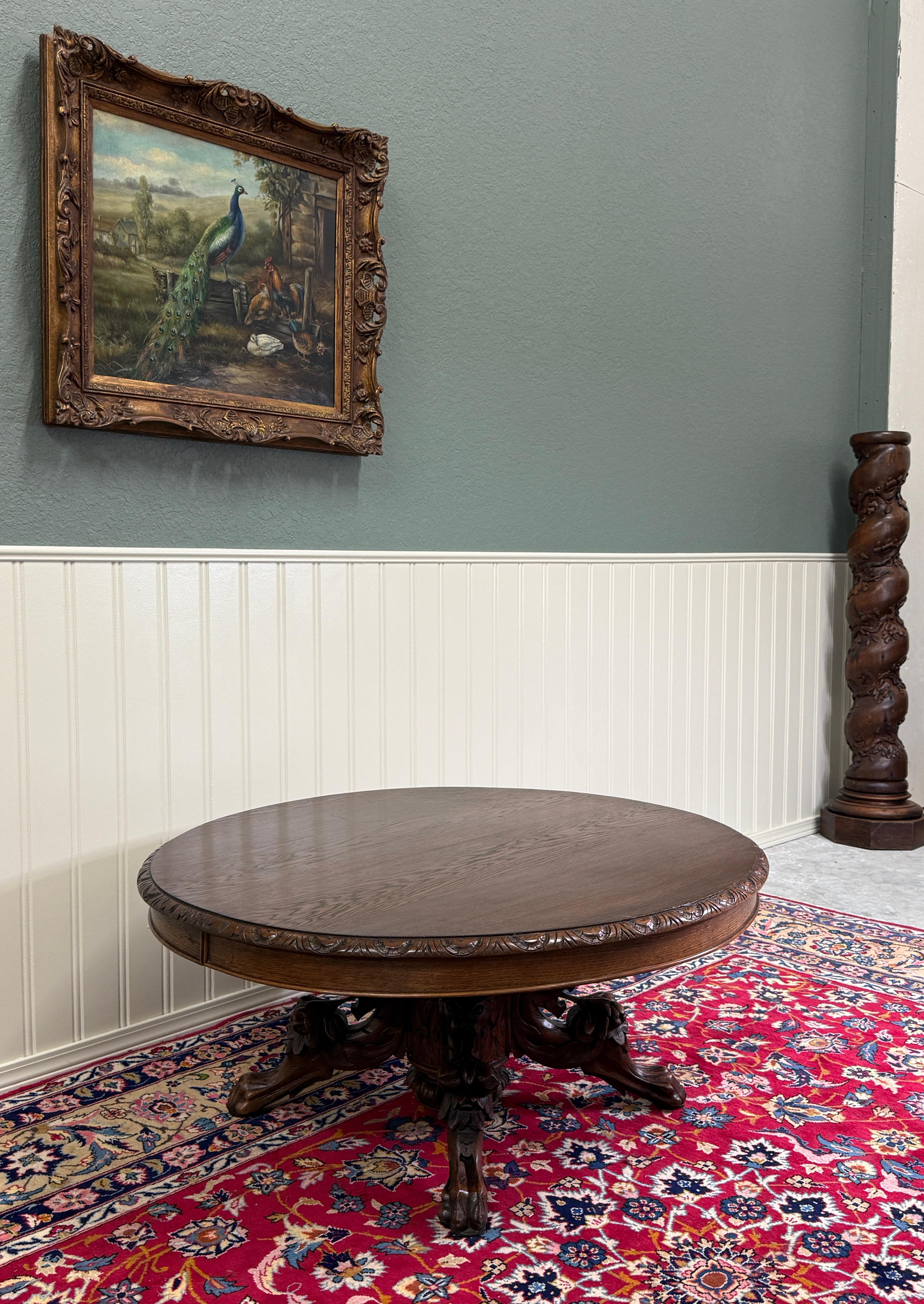 Antique French Black Forest Hunt Coffee Table OVAL Carved Griffins Oak 19th C For Sale 7