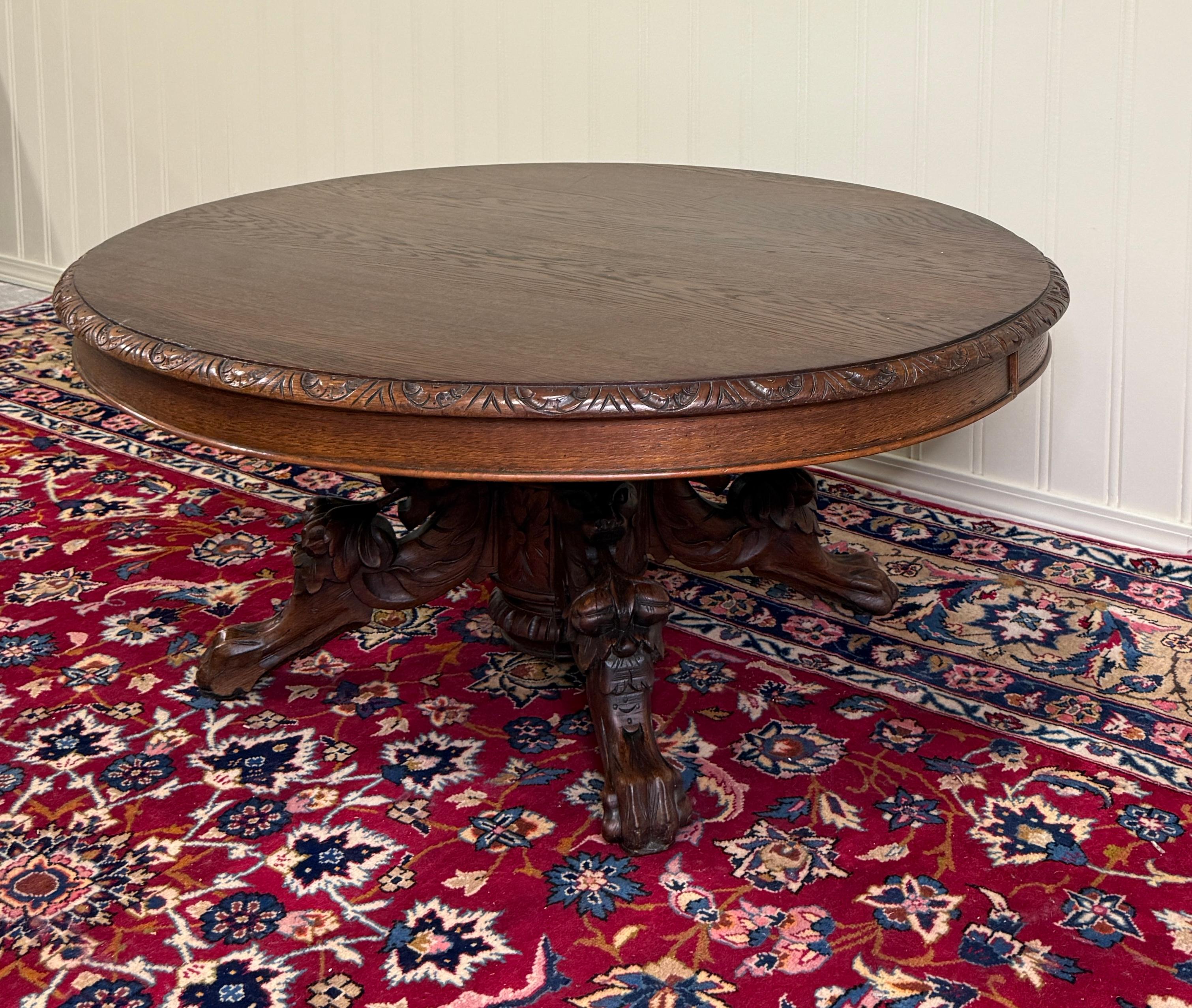 Antique French Black Forest Hunt Coffee Table OVAL Carved Griffins Oak 19th C For Sale 8
