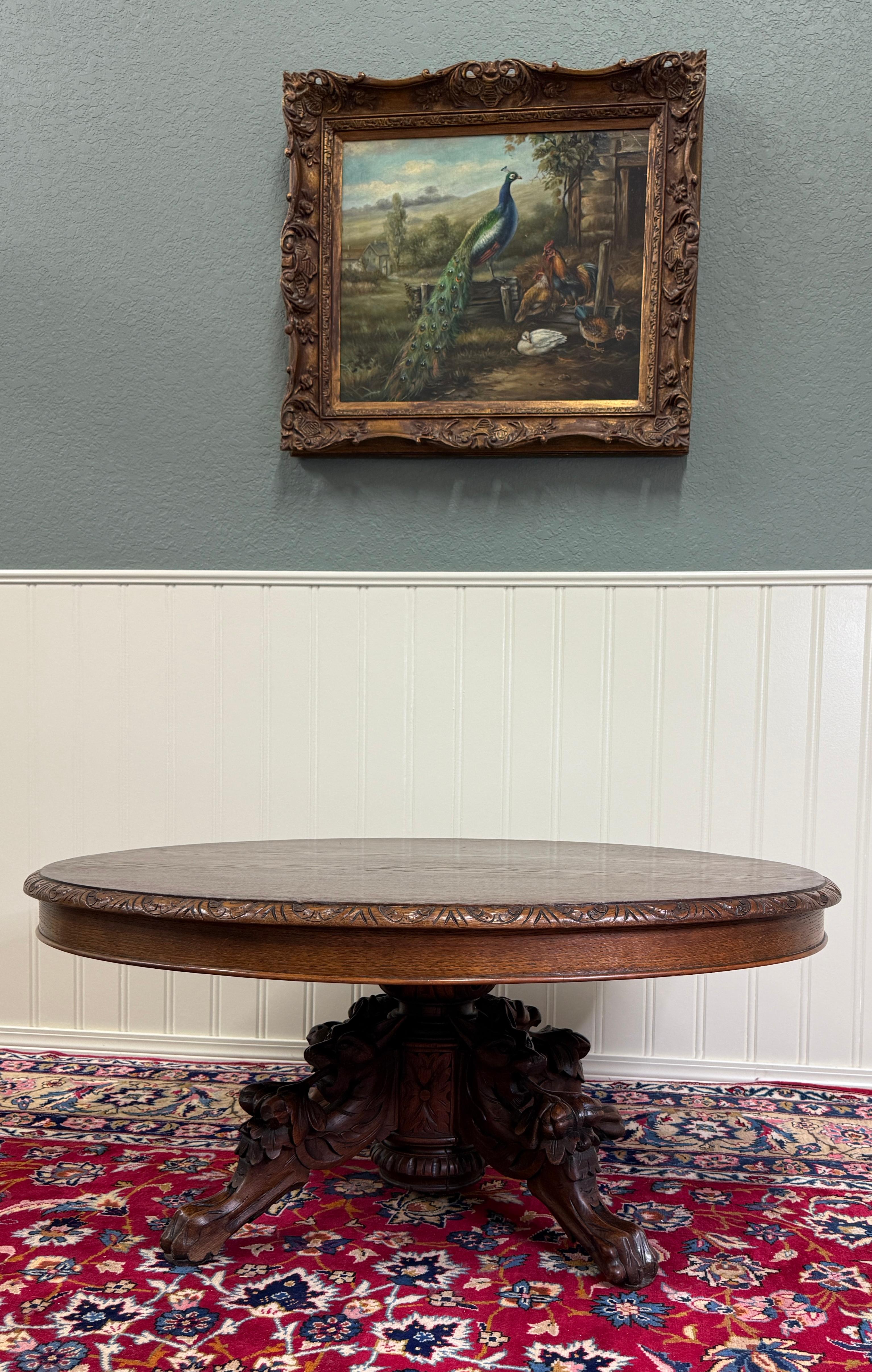 Antique French Black Forest Hunt Coffee Table OVAL Carved Griffins Oak 19th C For Sale 10