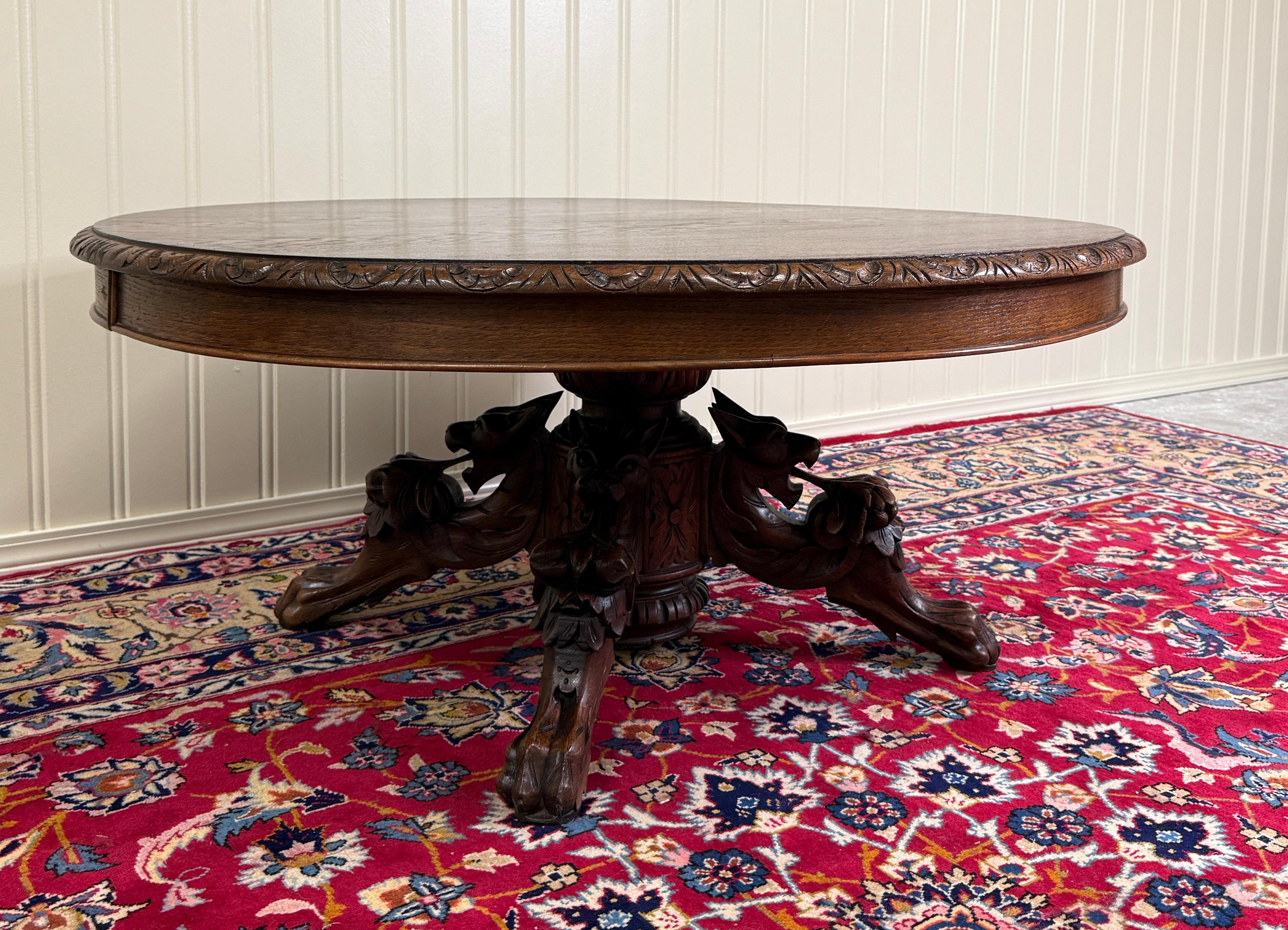 Antique French Black Forest Hunt Coffee Table OVAL Carved Griffins Oak 19th C For Sale 12