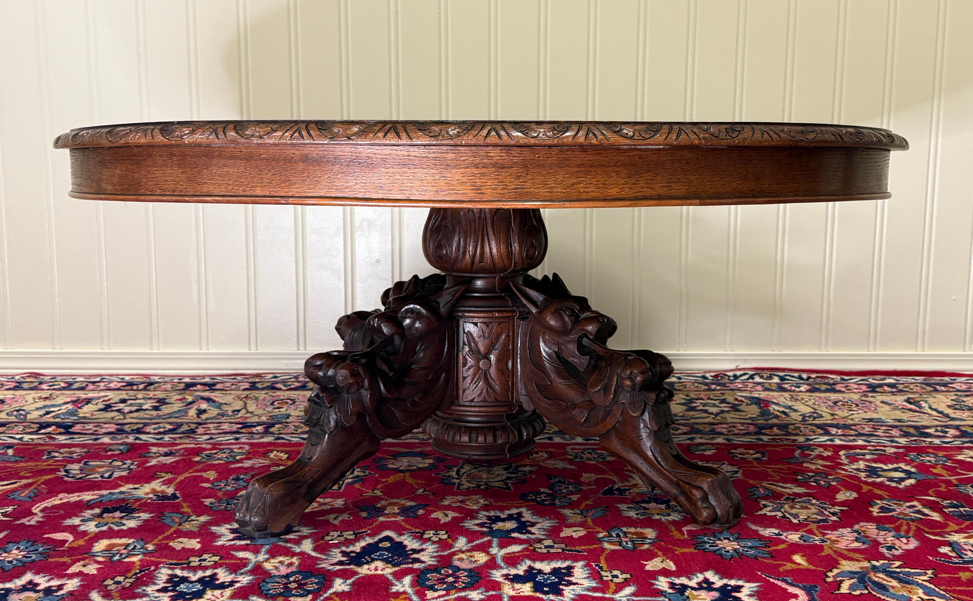 Antique French Black Forest Hunt Coffee Table OVAL Carved Griffins Oak 19th C For Sale 13