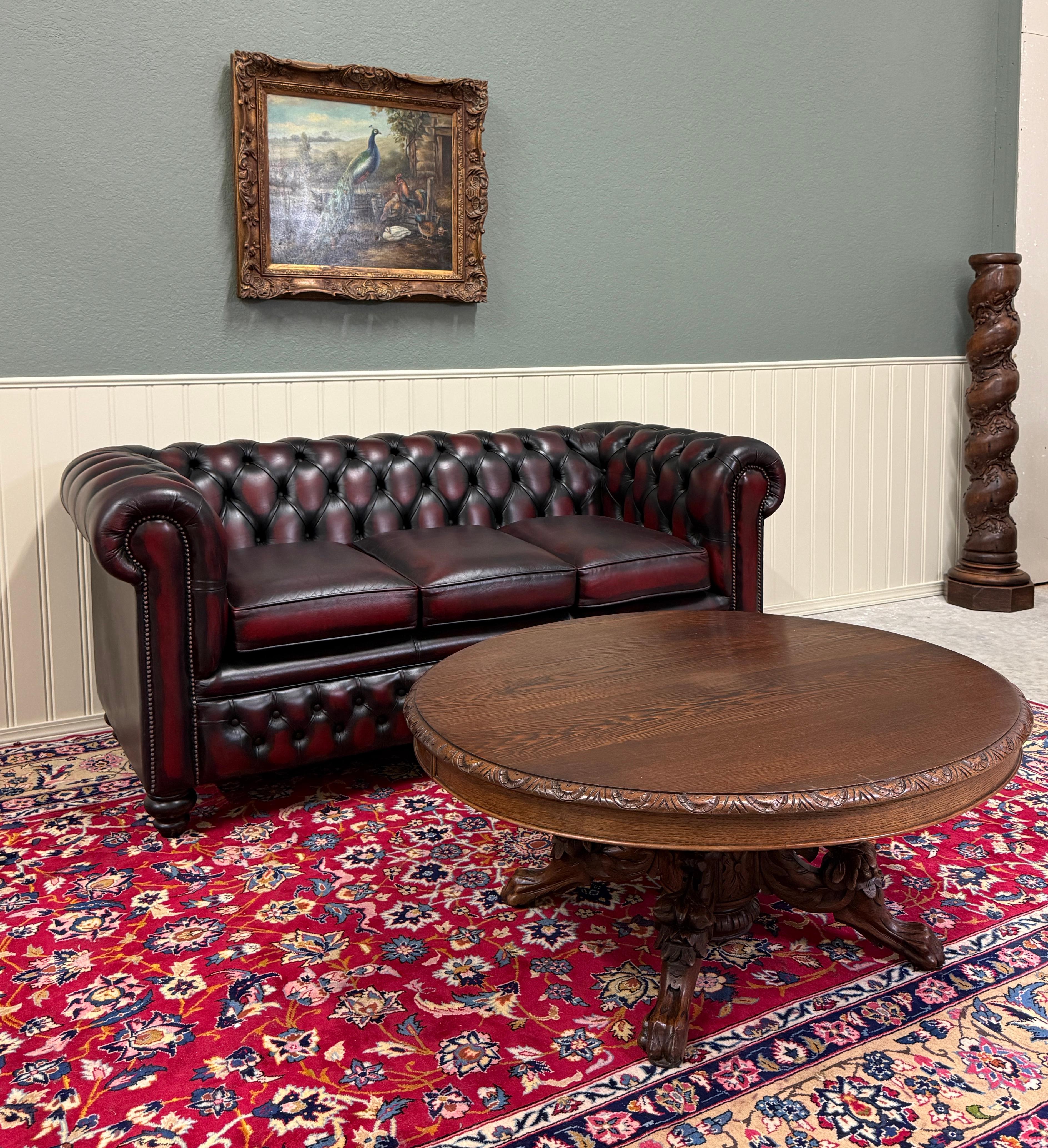 Antique French Black Forest Hunt Coffee Table OVAL Carved Griffins Oak 19th C In Fair Condition For Sale In Tyler, TX