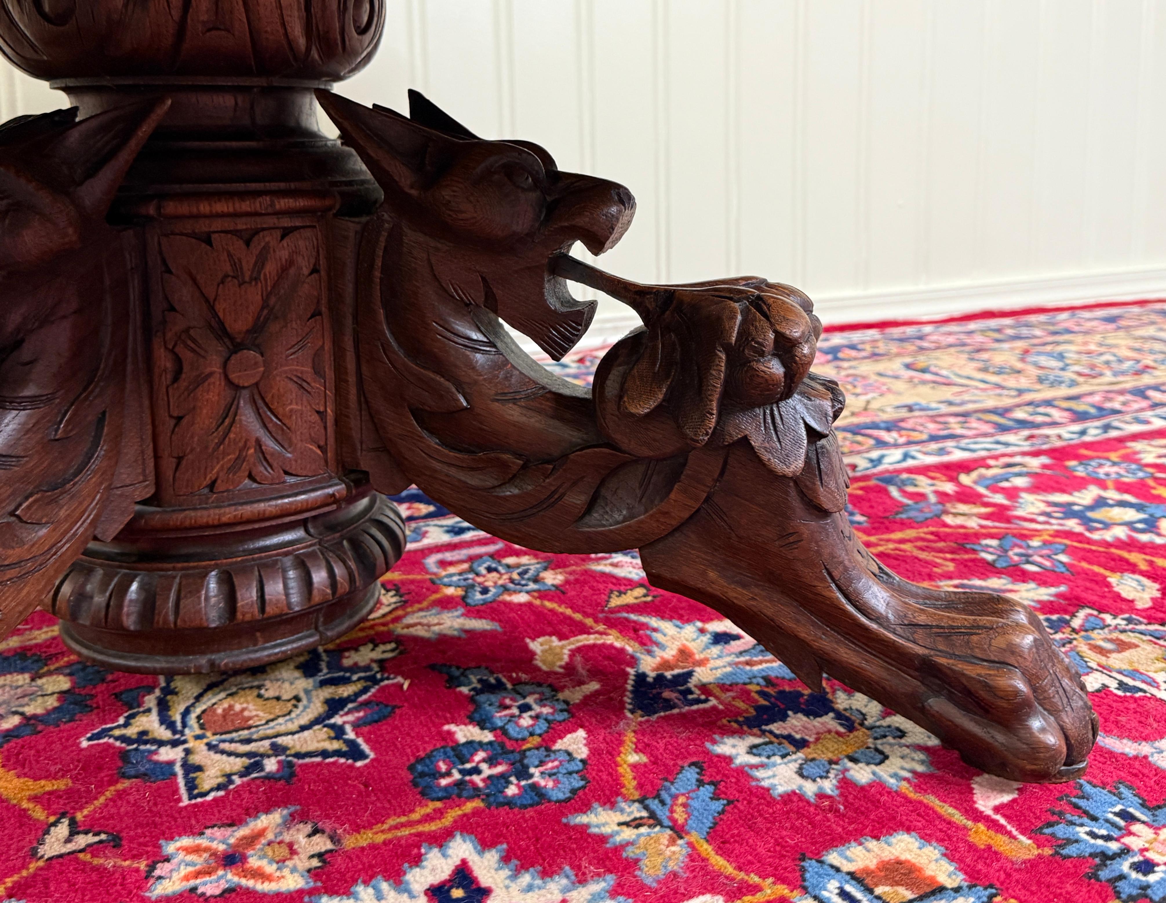 Late 19th Century Antique French Black Forest Hunt Coffee Table OVAL Carved Griffins Oak 19th C For Sale