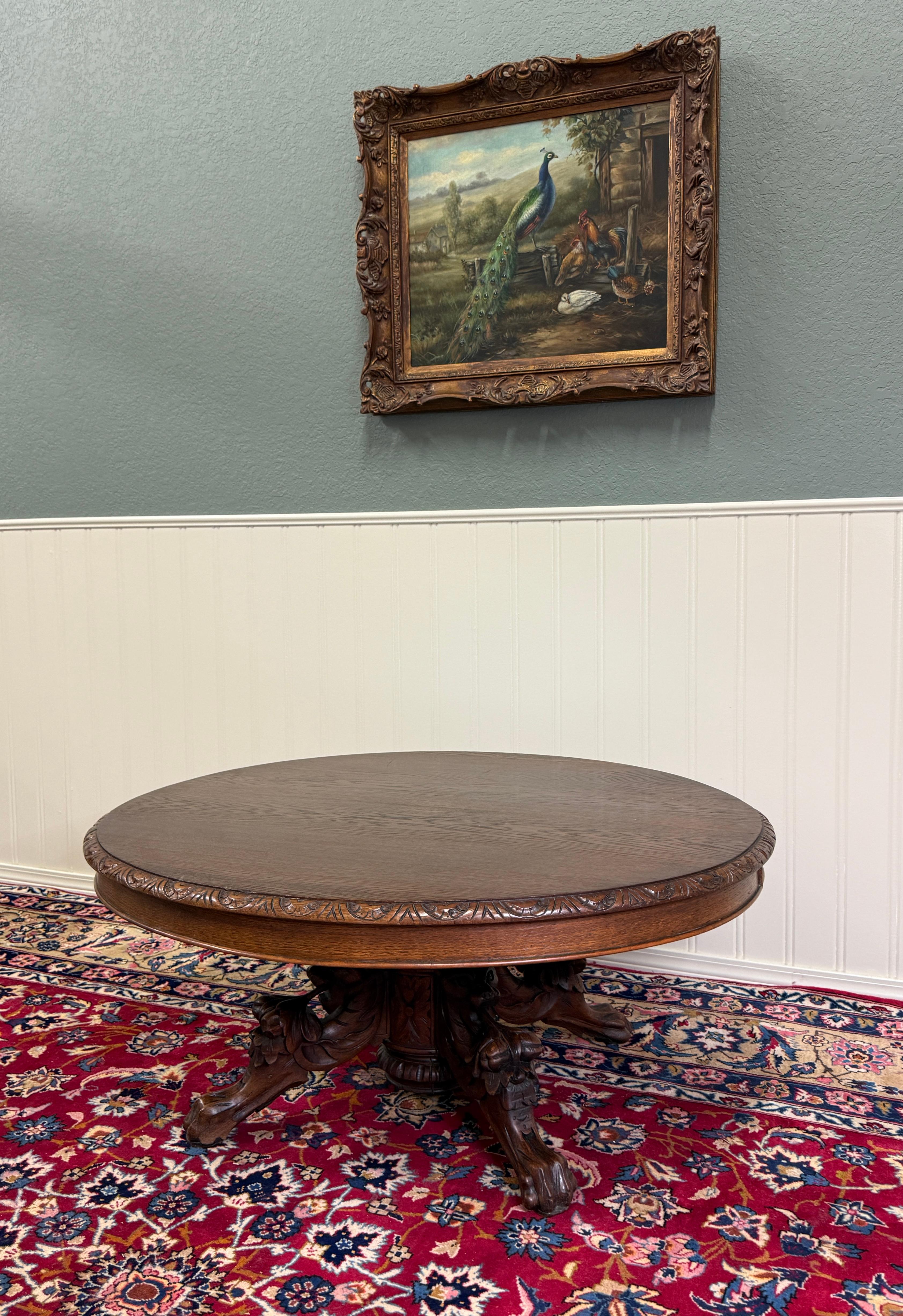 Antique French Black Forest Hunt Coffee Table OVAL Carved Griffins Oak 19th C For Sale 1