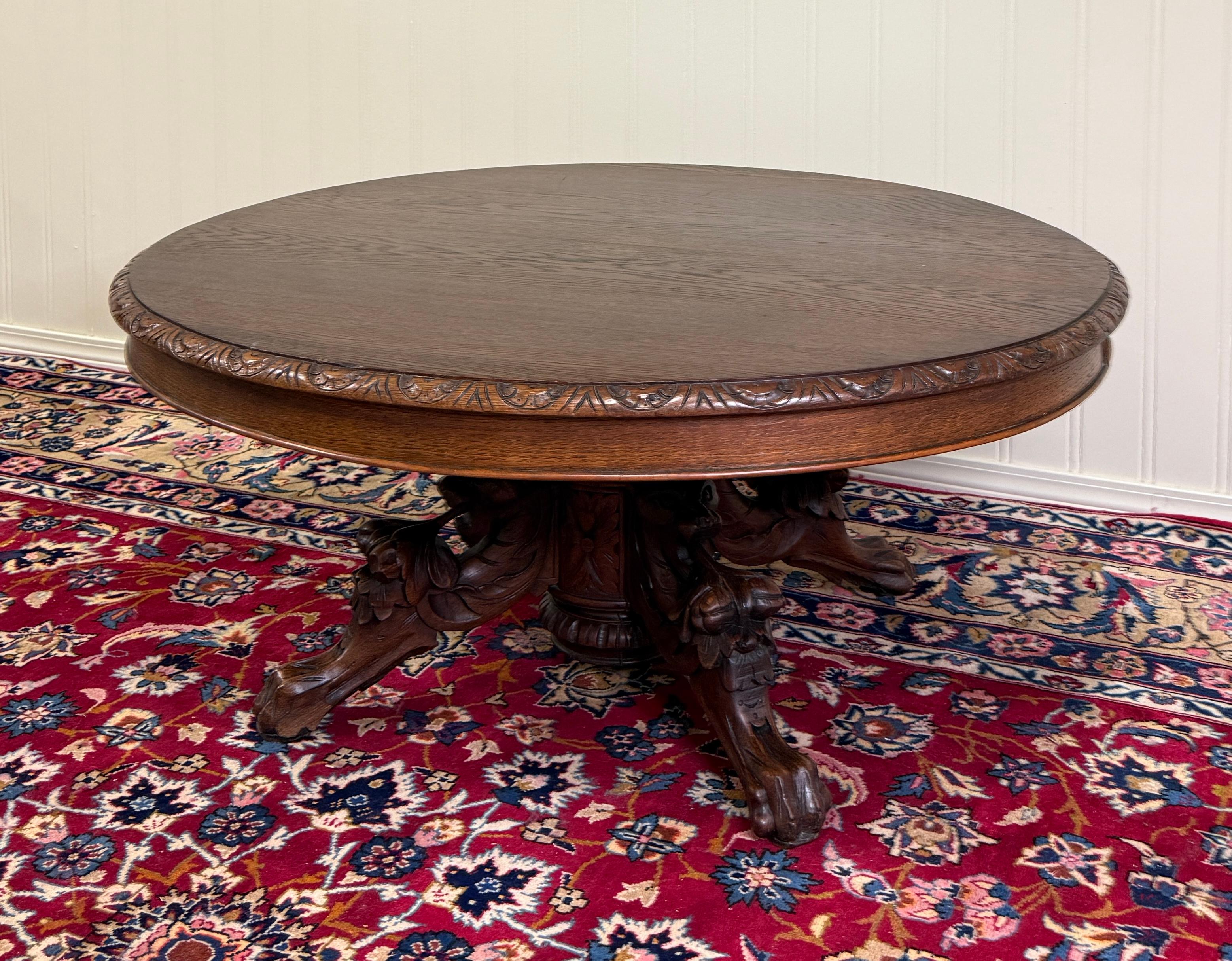 Antique French Black Forest Hunt Coffee Table OVAL Carved Griffins Oak 19th C For Sale 2