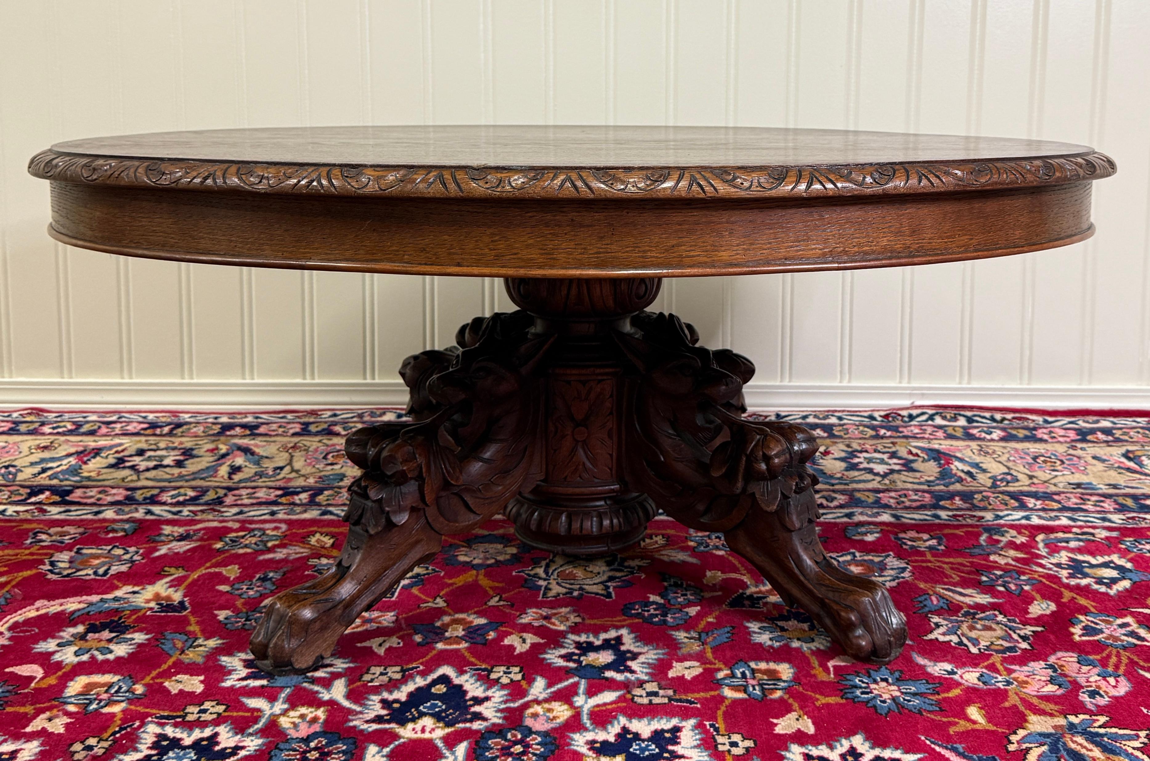 Antique French Black Forest Hunt Coffee Table OVAL Carved Griffins Oak 19th C For Sale 3