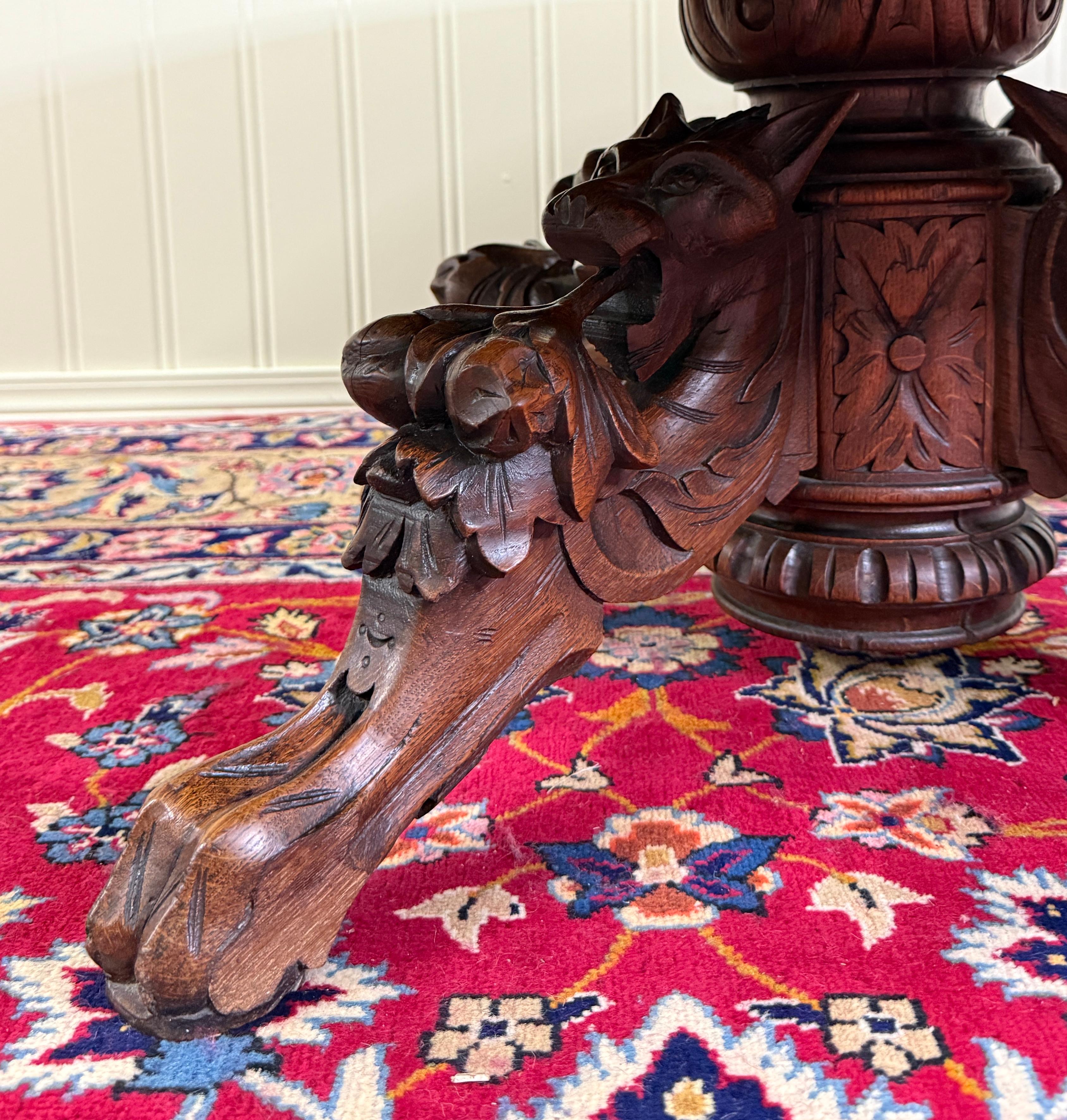 Antique French Black Forest Hunt Coffee Table OVAL Carved Griffins Oak 19th C For Sale 4
