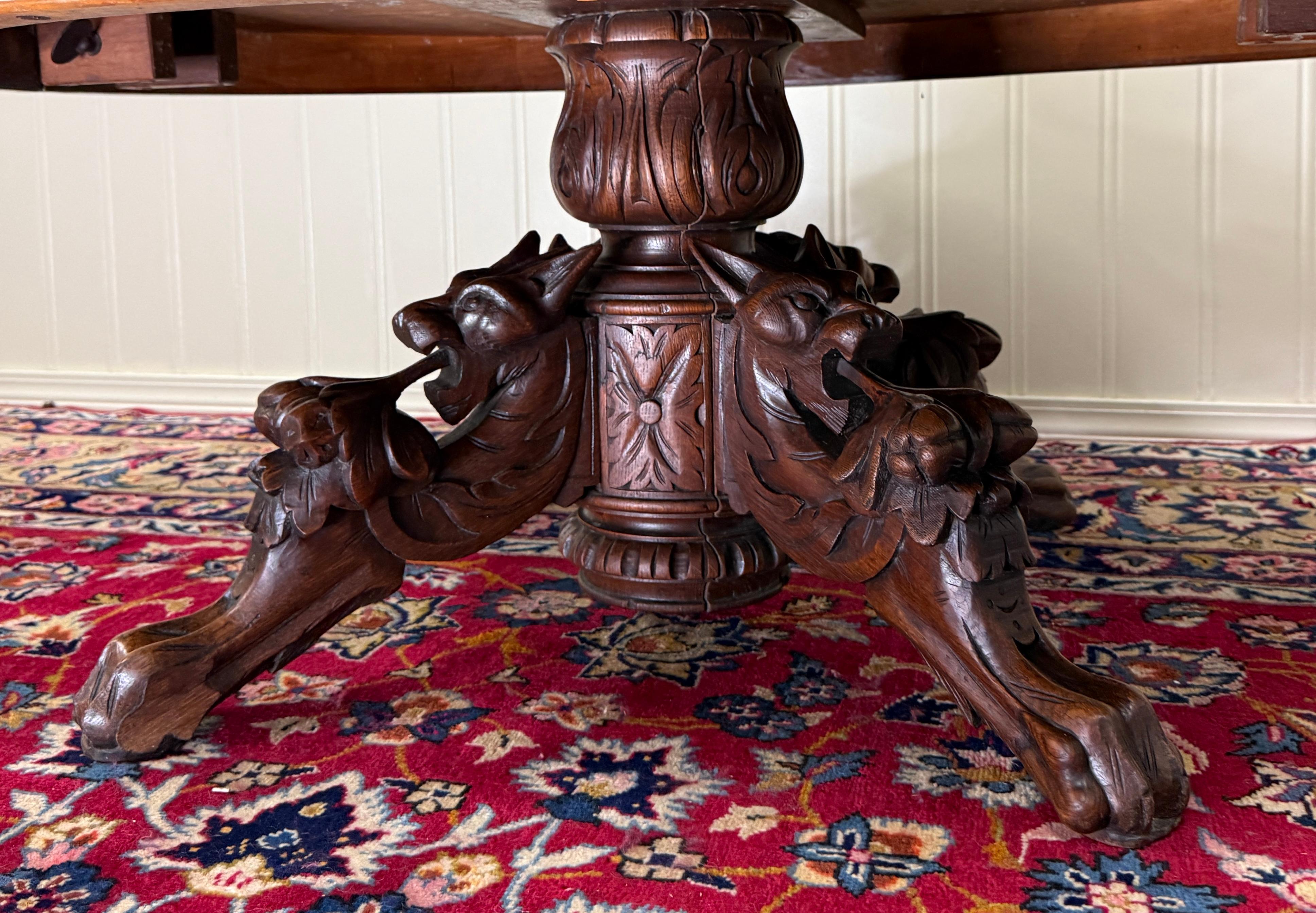 Antique French Black Forest Hunt Coffee Table OVAL Carved Griffins Oak 19th C For Sale 5