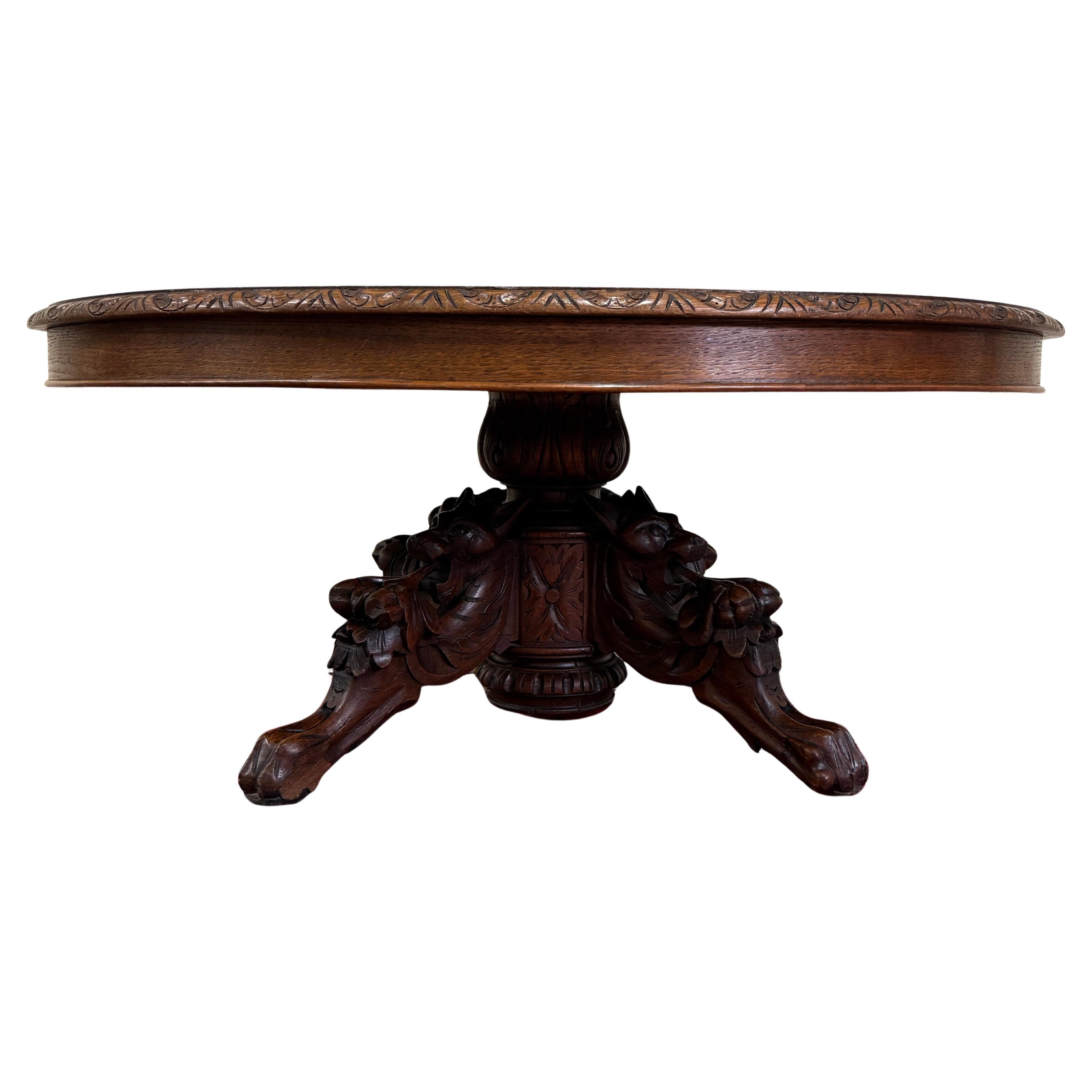 Antique French Black Forest Hunt Coffee Table OVAL Carved Griffins Oak 19th C For Sale