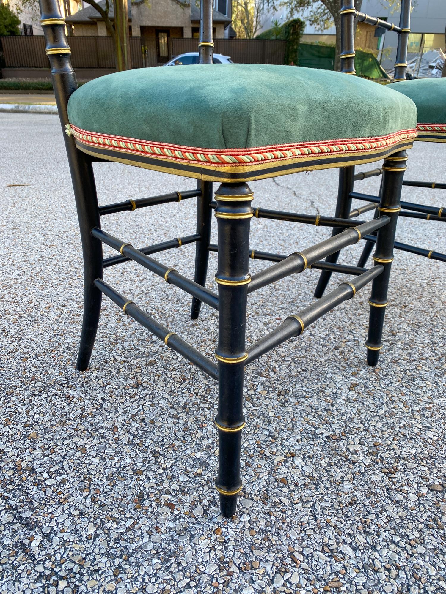 Early 20th Century Antique French Black & Gold Chinoiserie Style Chairs with Green Suede Seat