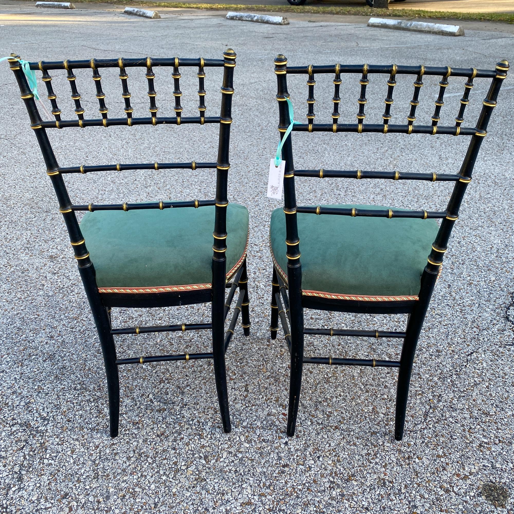 Antique French Black & Gold Chinoiserie Style Chairs with Green Suede Seat 2