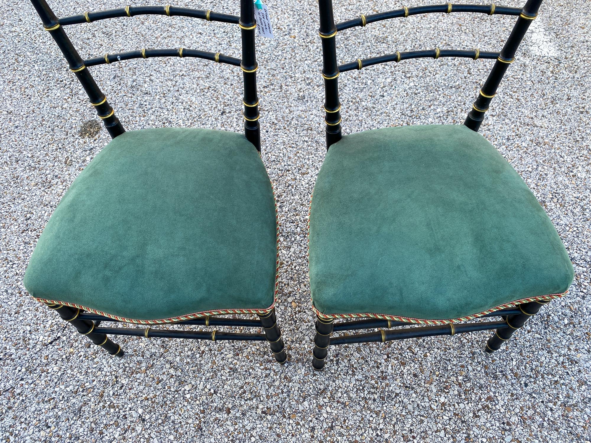 Antique French Black & Gold Chinoiserie Style Chairs with Green Suede Seat 3