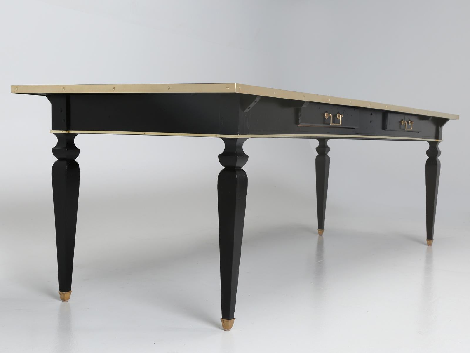 Country Antique French Black Leather Top Desk, with Brass Trim