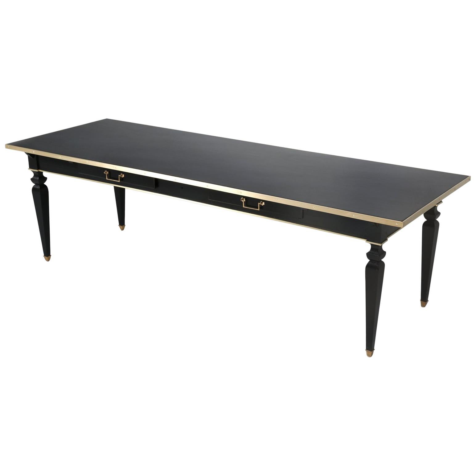 Antique French Black Leather Top Desk, with Brass Trim