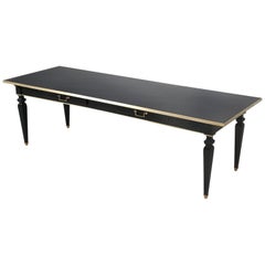 Antique French Black Leather Top Desk, with Brass Trim