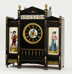 Antique French Black Marble and Hand-Painted Clock Garniture Set, Late 19th Cent