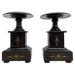 Antique French Black Marble Cassoulets Gilt Decor Pedestals Neoclassical Pair