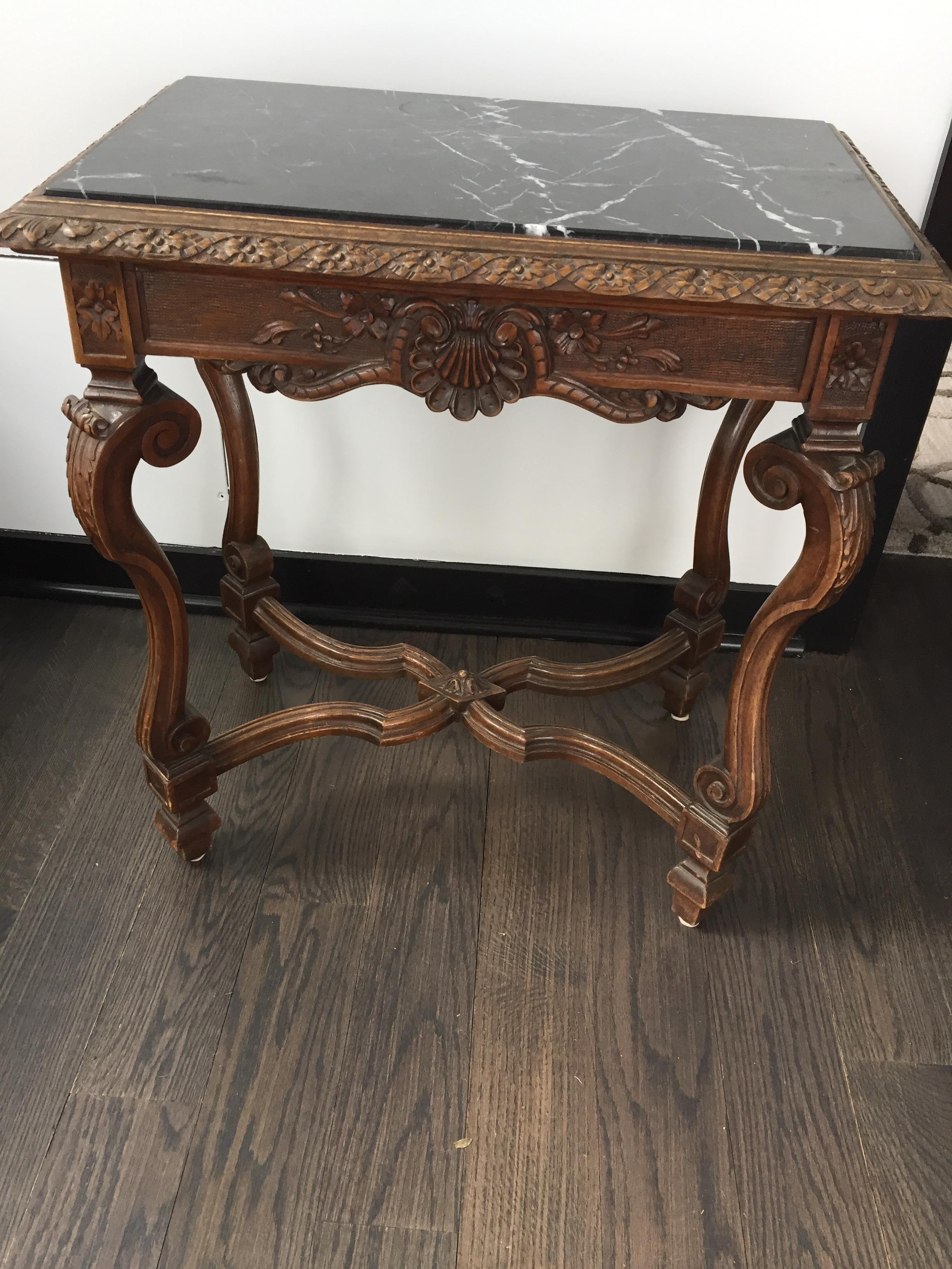 Hand-Carved Antique French Black Marble Side or End Table