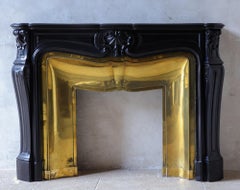 Antique French Black Marble Trois Coquilles Fireplace with Brass Interior