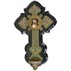 Antique French Black Onyx Cloisonné Porcelain Christ Holy Water Font Crucifix