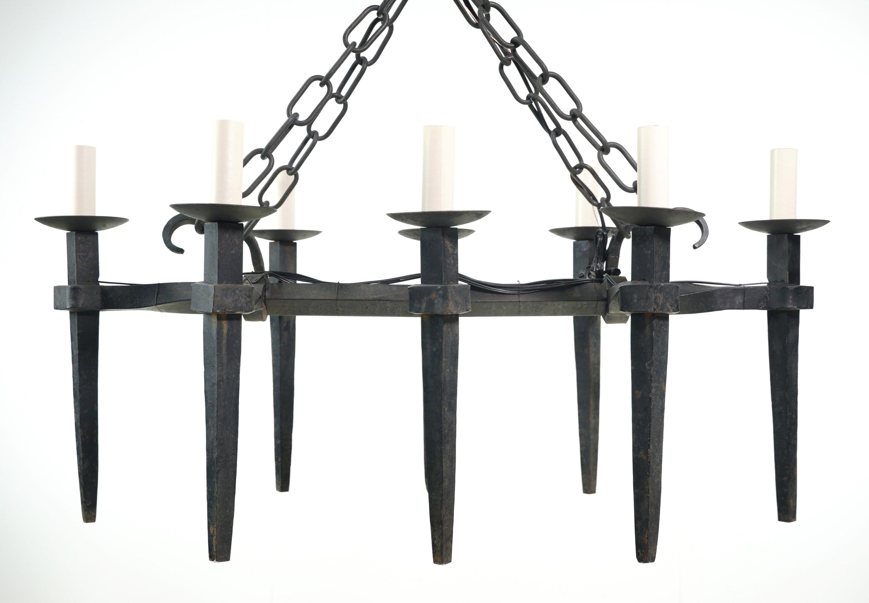 Antique French Black Wrought Iron 8 Arm Chandelier For Sale 9