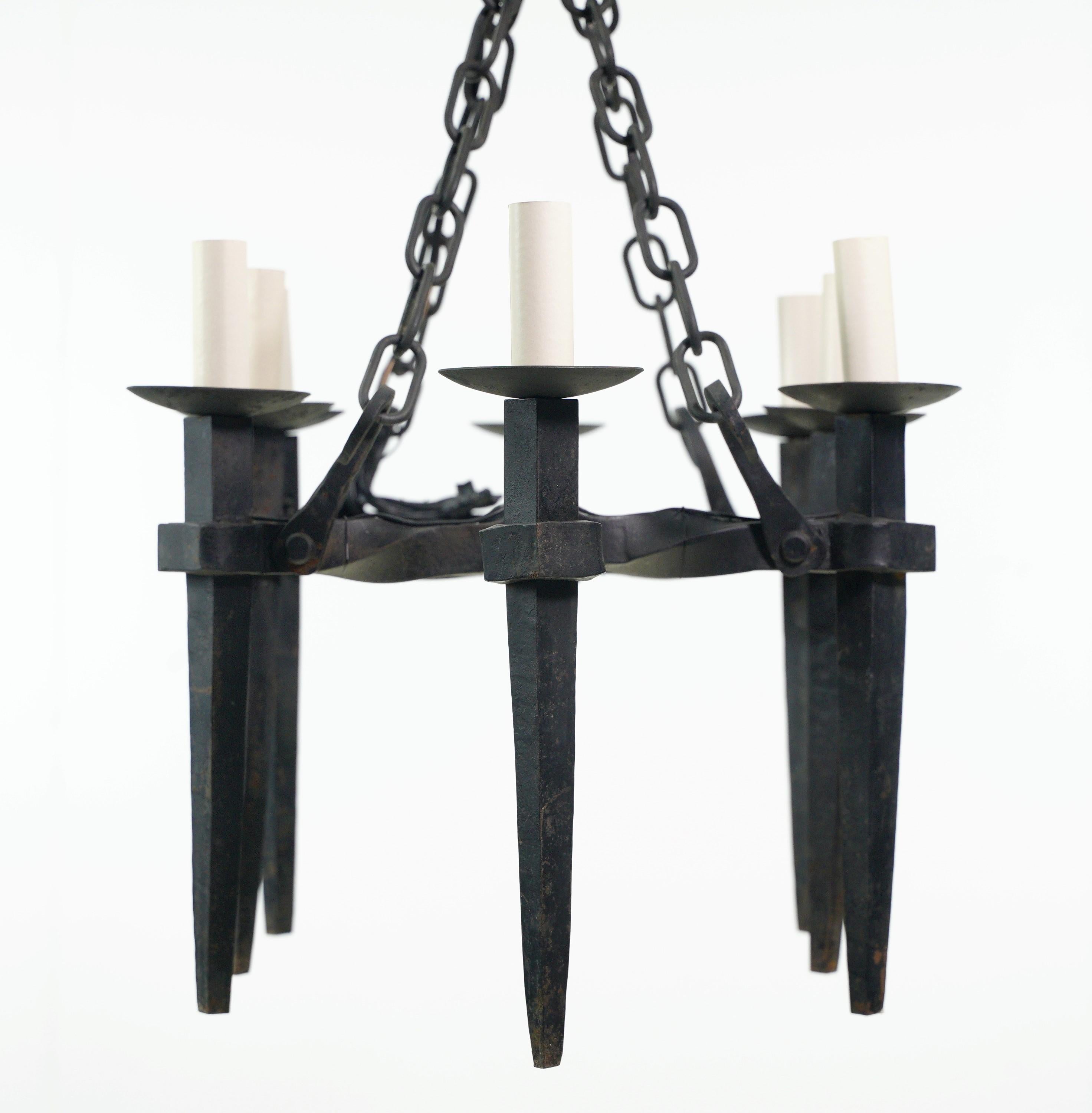 Antique French Black Wrought Iron 8 Arm Chandelier In Good Condition For Sale In New York, NY