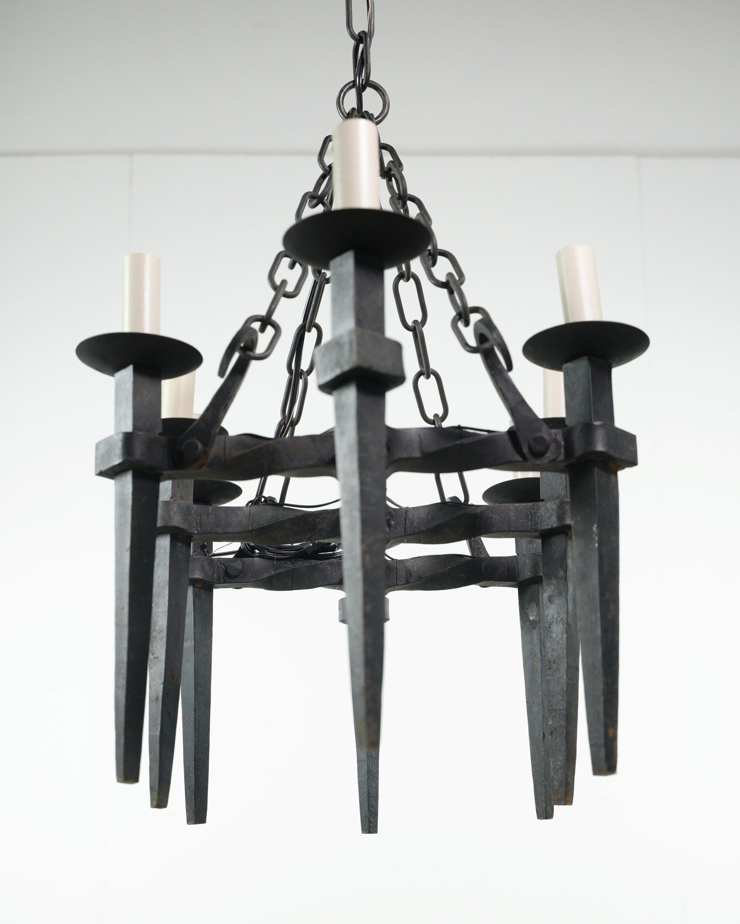 20th Century Antique French Black Wrought Iron 8 Arm Chandelier For Sale