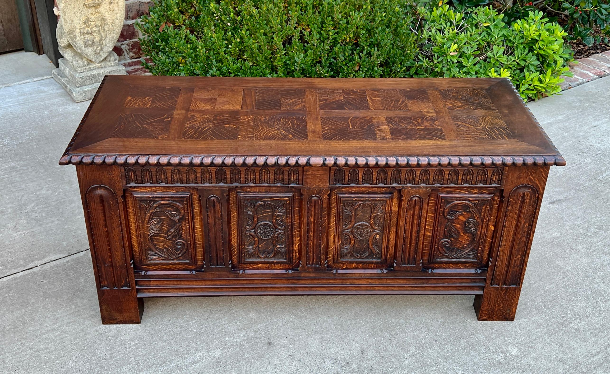 CHARMING Antique French Carved Oak Blanket Box, Coffer, Trunk, Storage Chest, Coffee Table or Bench~~c. 1920-30s

  The perfect size for a foyer, entry hall or mudroom bench, or as a coffee table.  Excellent example of the hand carved craftsmanship