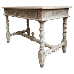 Antique French Bleached Carved Oak Sofa Table Desk Barley Twist Louis XIII
