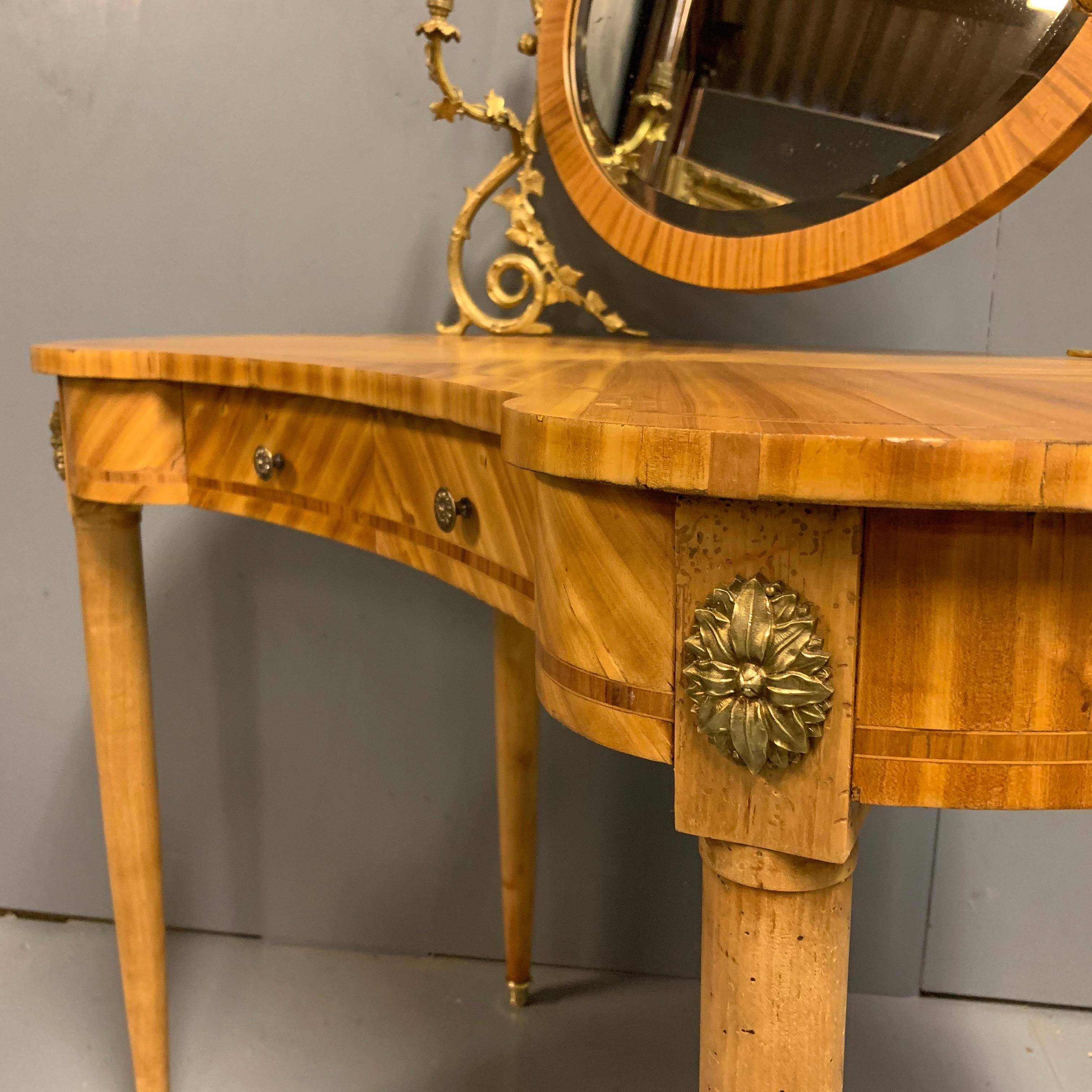 Neoclassical Revival Antique French Bleached Mahogany Kidney Shape Dressing Table with Sconces For Sale