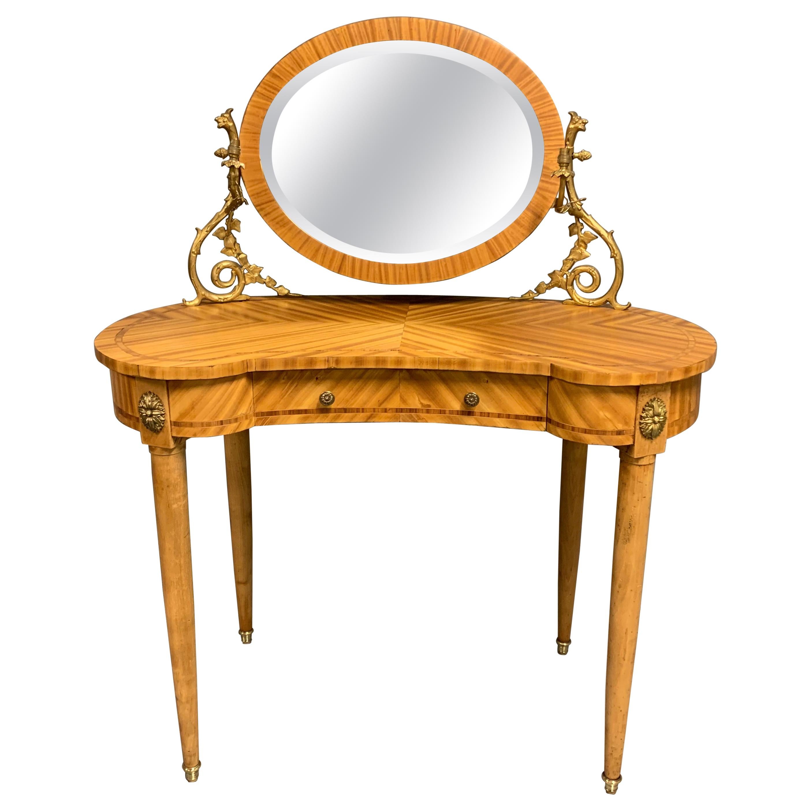 Antique French Bleached Mahogany Kidney Shape Dressing Table with Sconces For Sale
