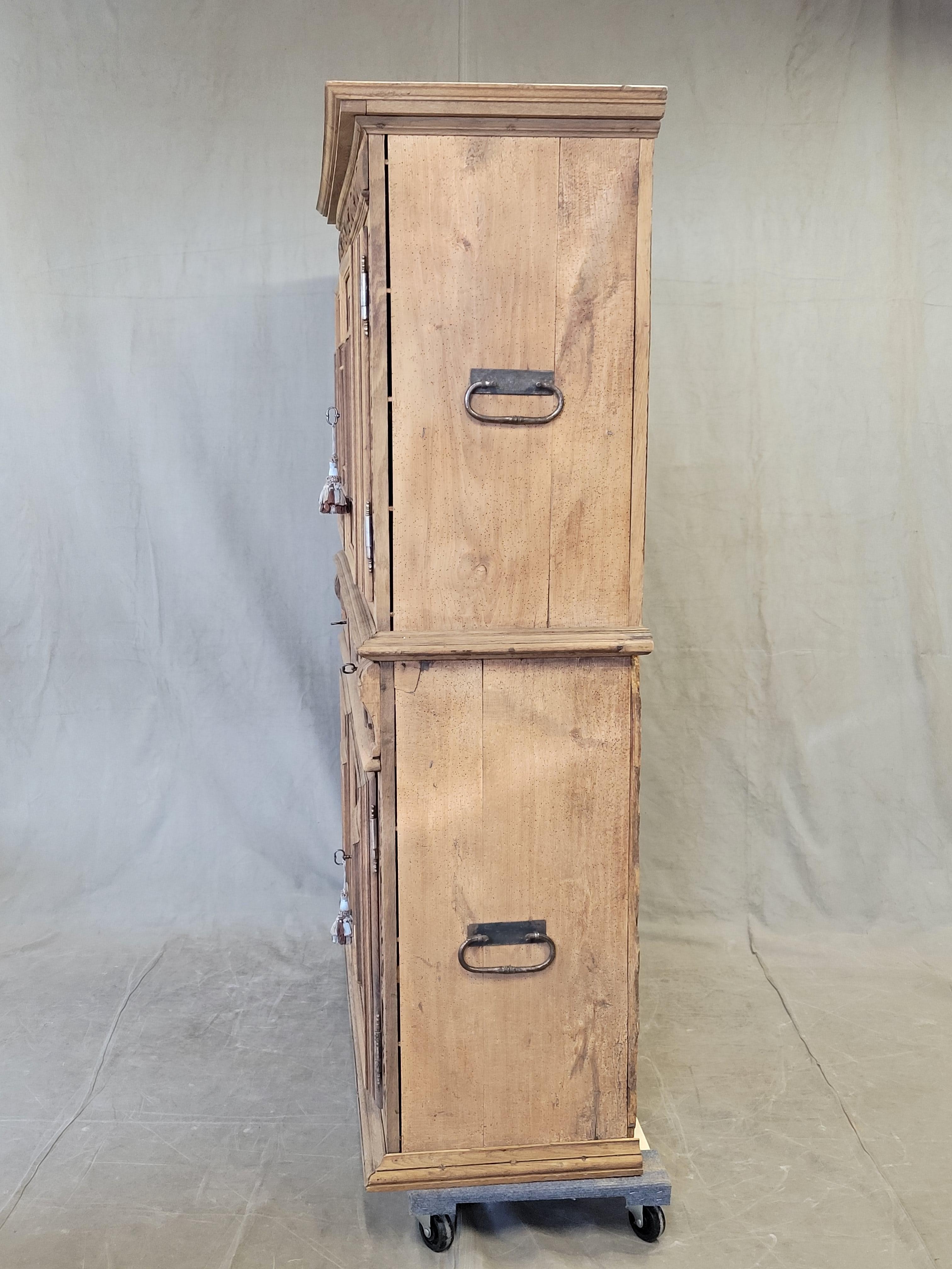 Antique French Bleached Oak and Pine Deux Corps Carved Cupboard 7
