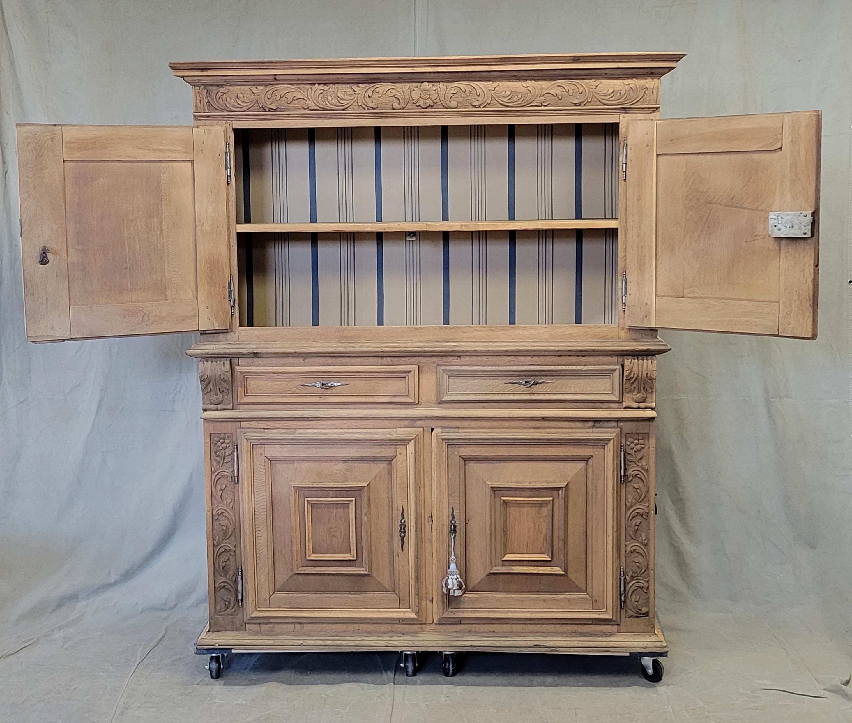 French Provincial Antique French Bleached Oak and Pine Deux Corps Carved Cupboard