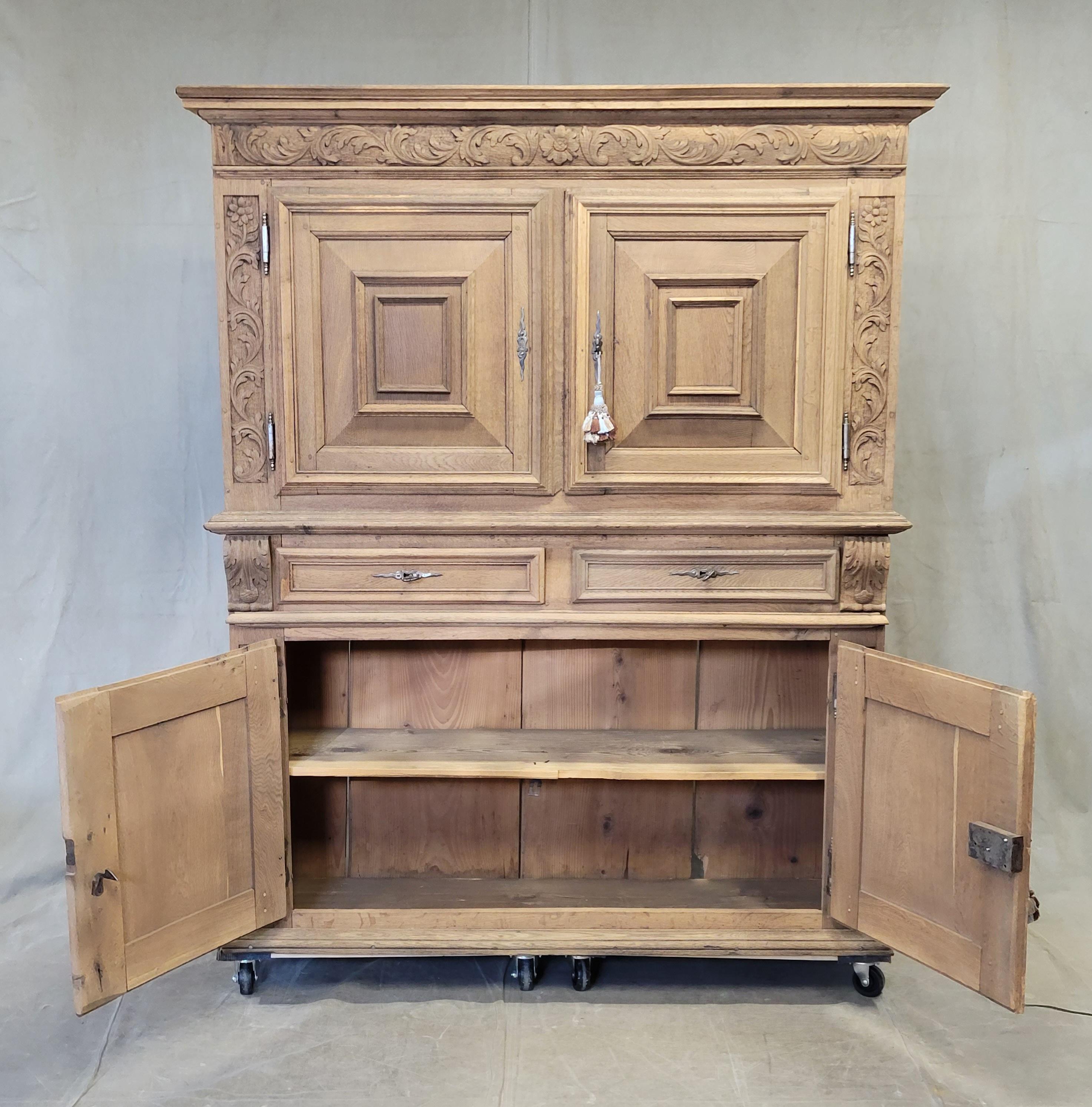 Hand-Carved Antique French Bleached Oak and Pine Deux Corps Carved Cupboard
