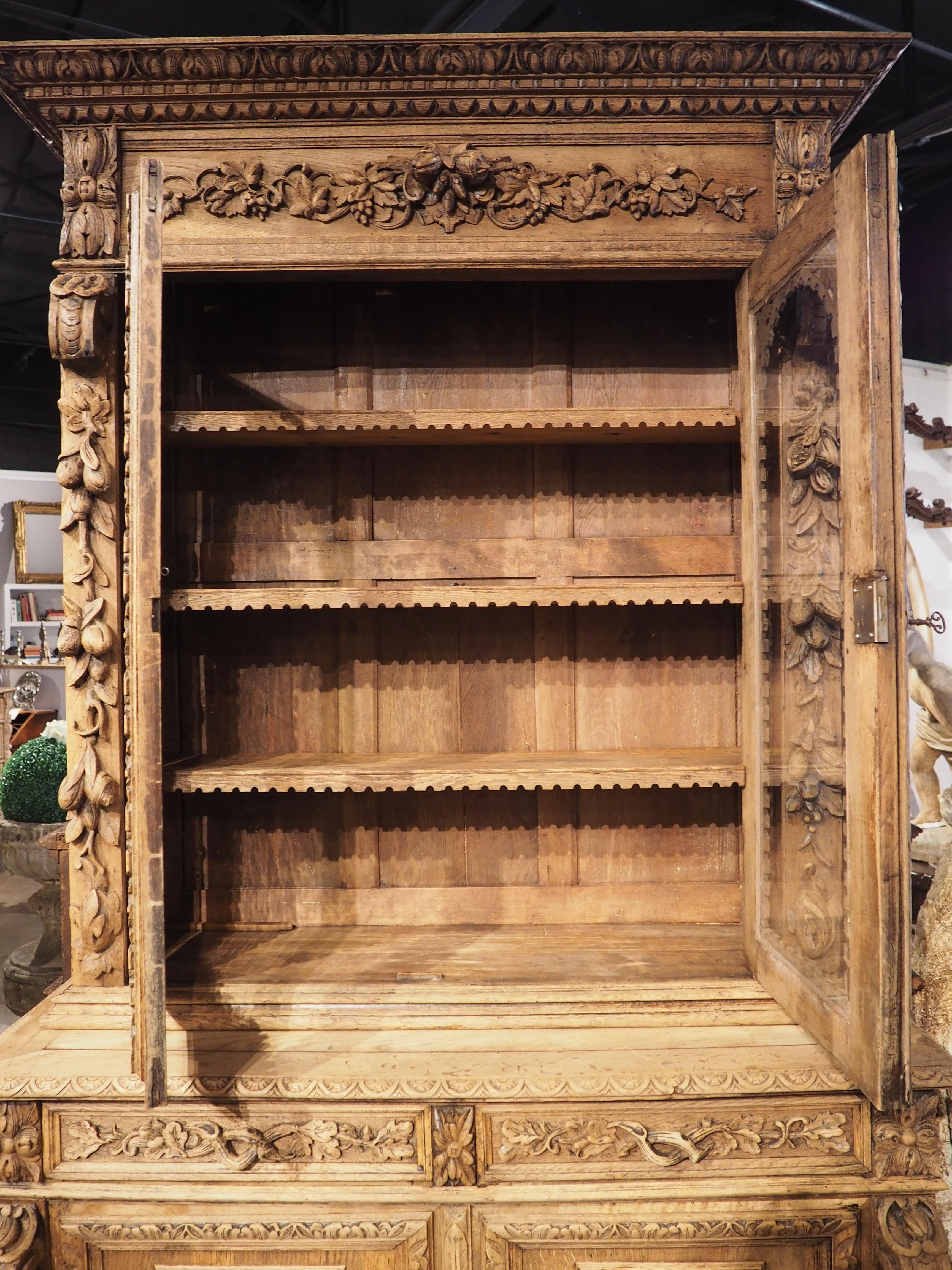 Antique French Bleached Oak Buffet Deux Corps or Bibliotheque de Chasse, C. 1870 11