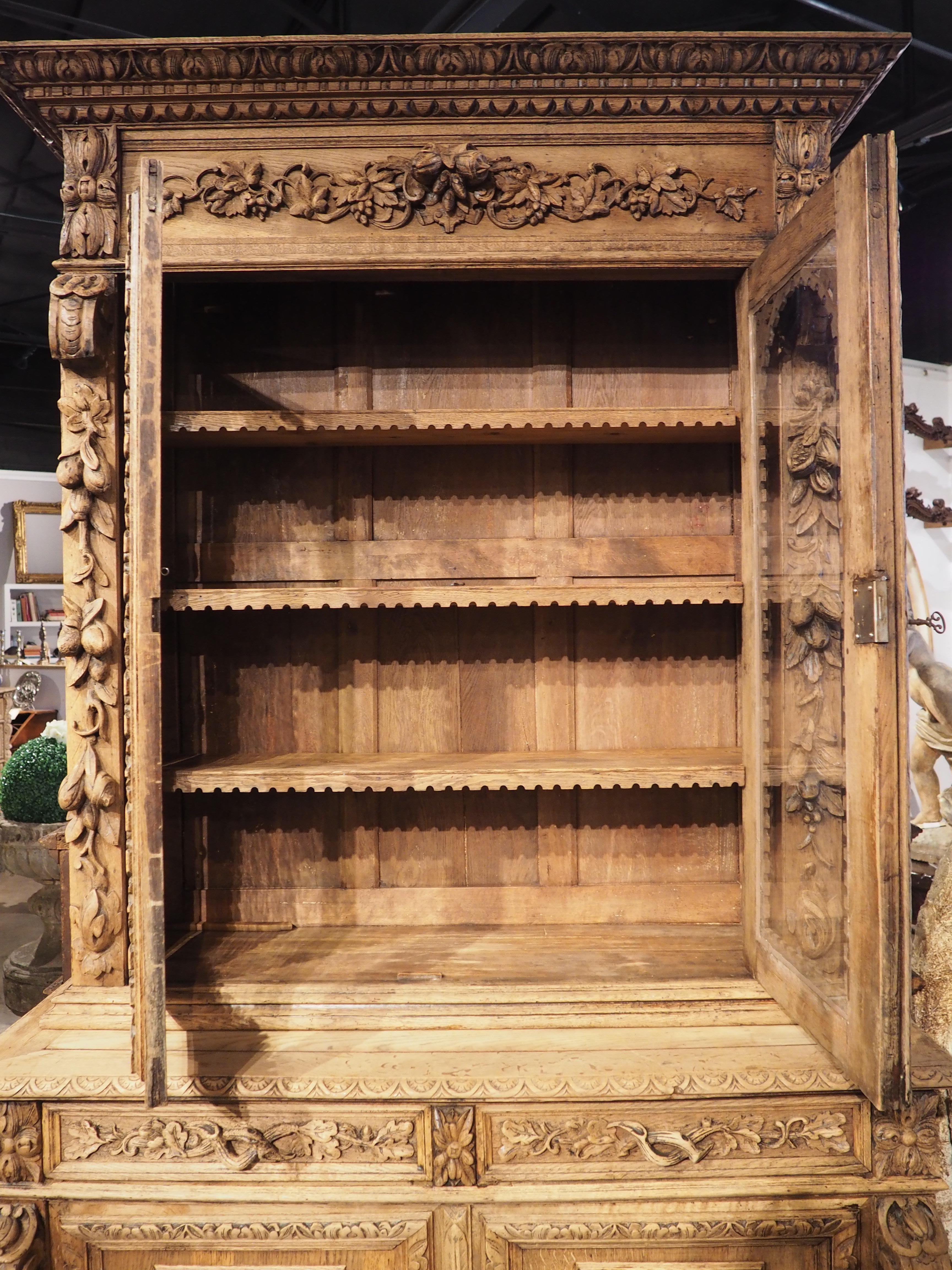 Antique French Bleached Oak Buffet Deux Corps or Bibliotheque de Chasse, C. 1870 11