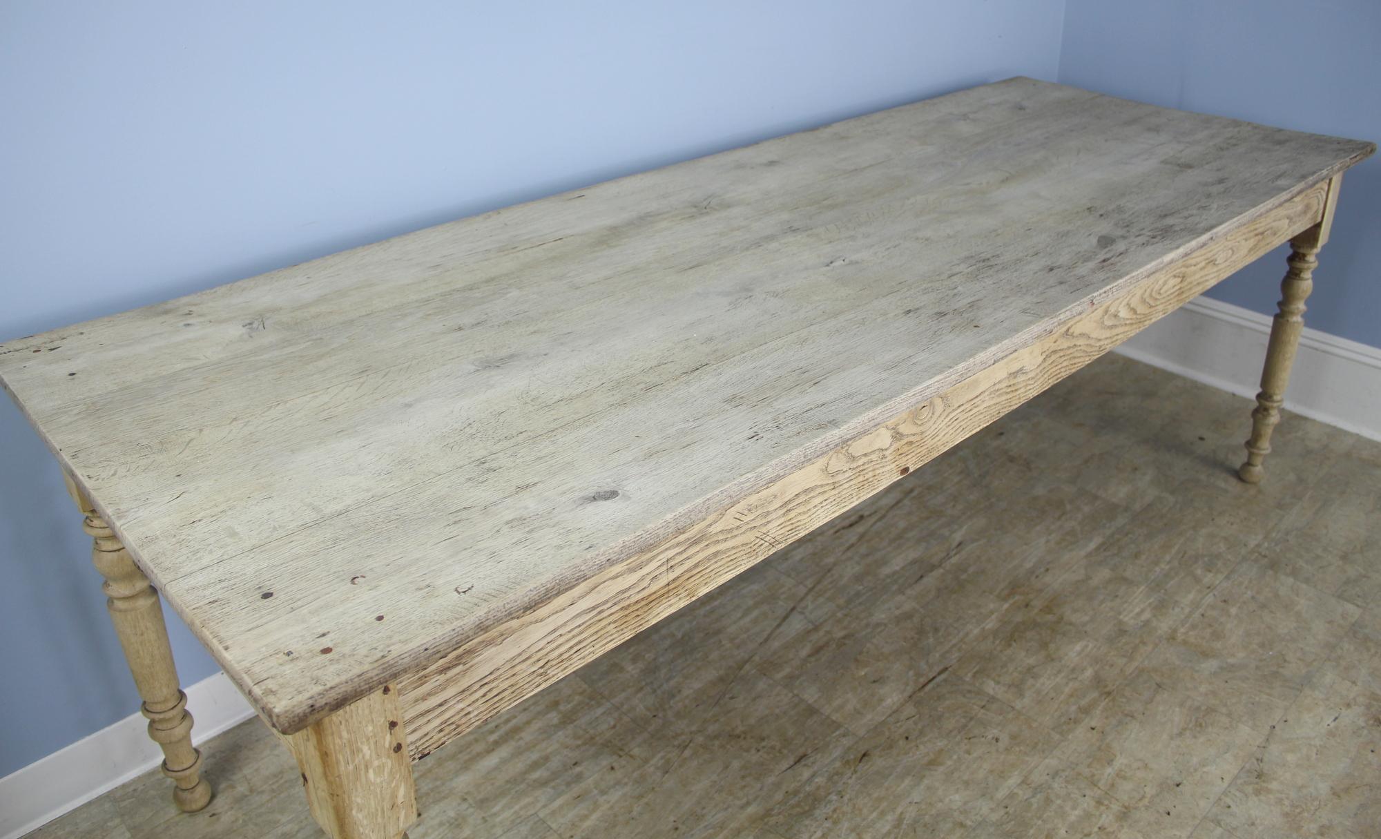 19th Century Antique French Bleached Oak Farm Table with Turned Legs and Two Drawers