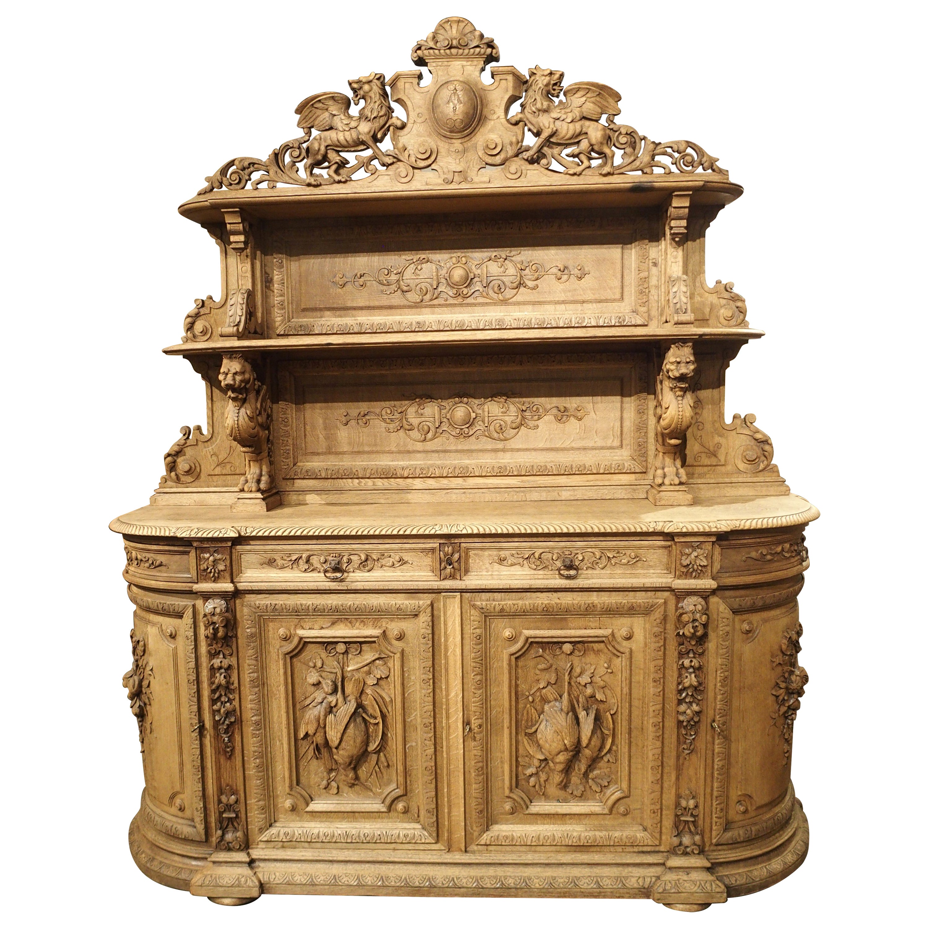 Antique French Bleached Oak Hunt Buffet “St. Hubert”, Circa 1880