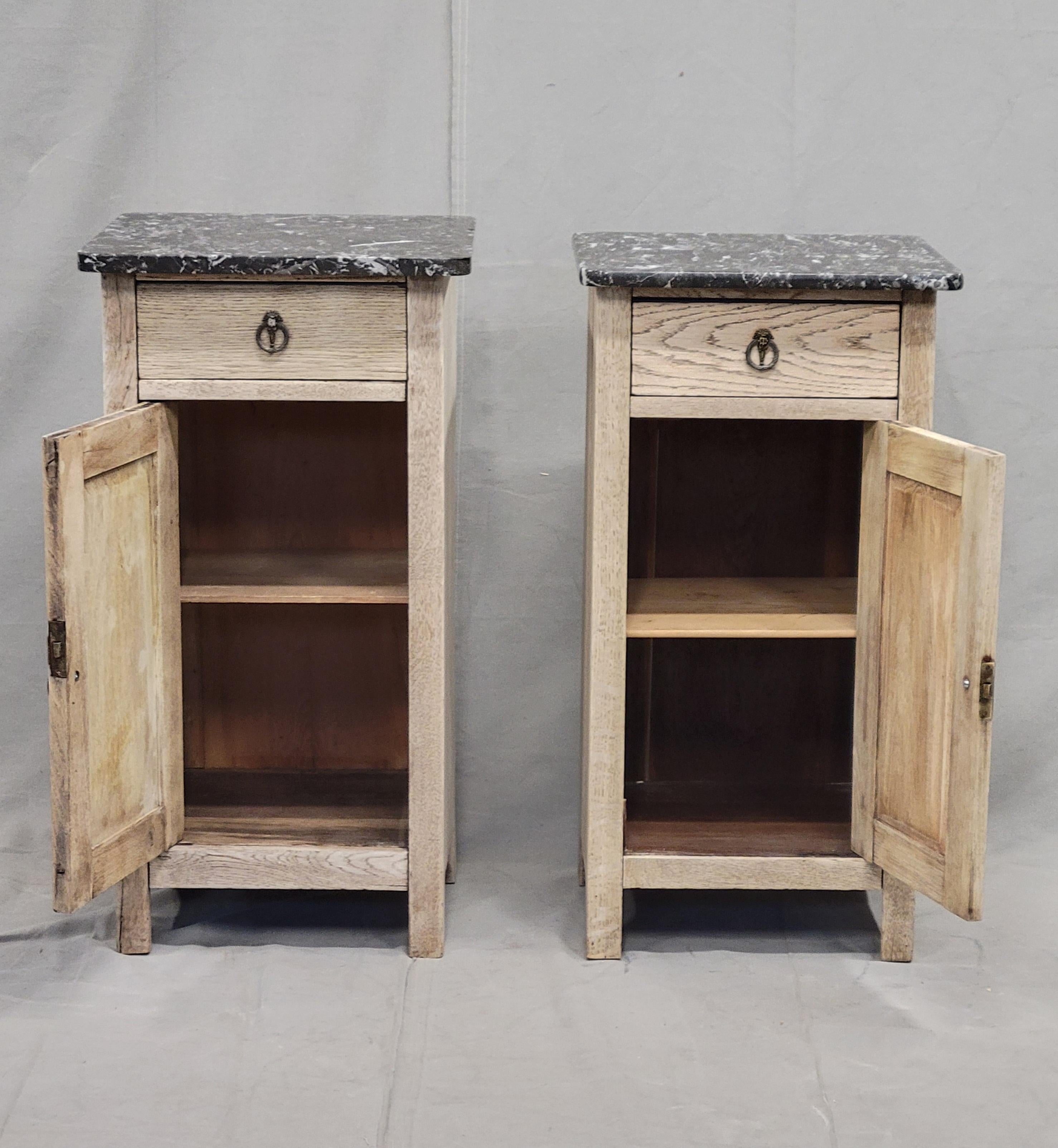 Antique French Bleached Oak Nightstands With Black Marble Tops In Good Condition In Centennial, CO