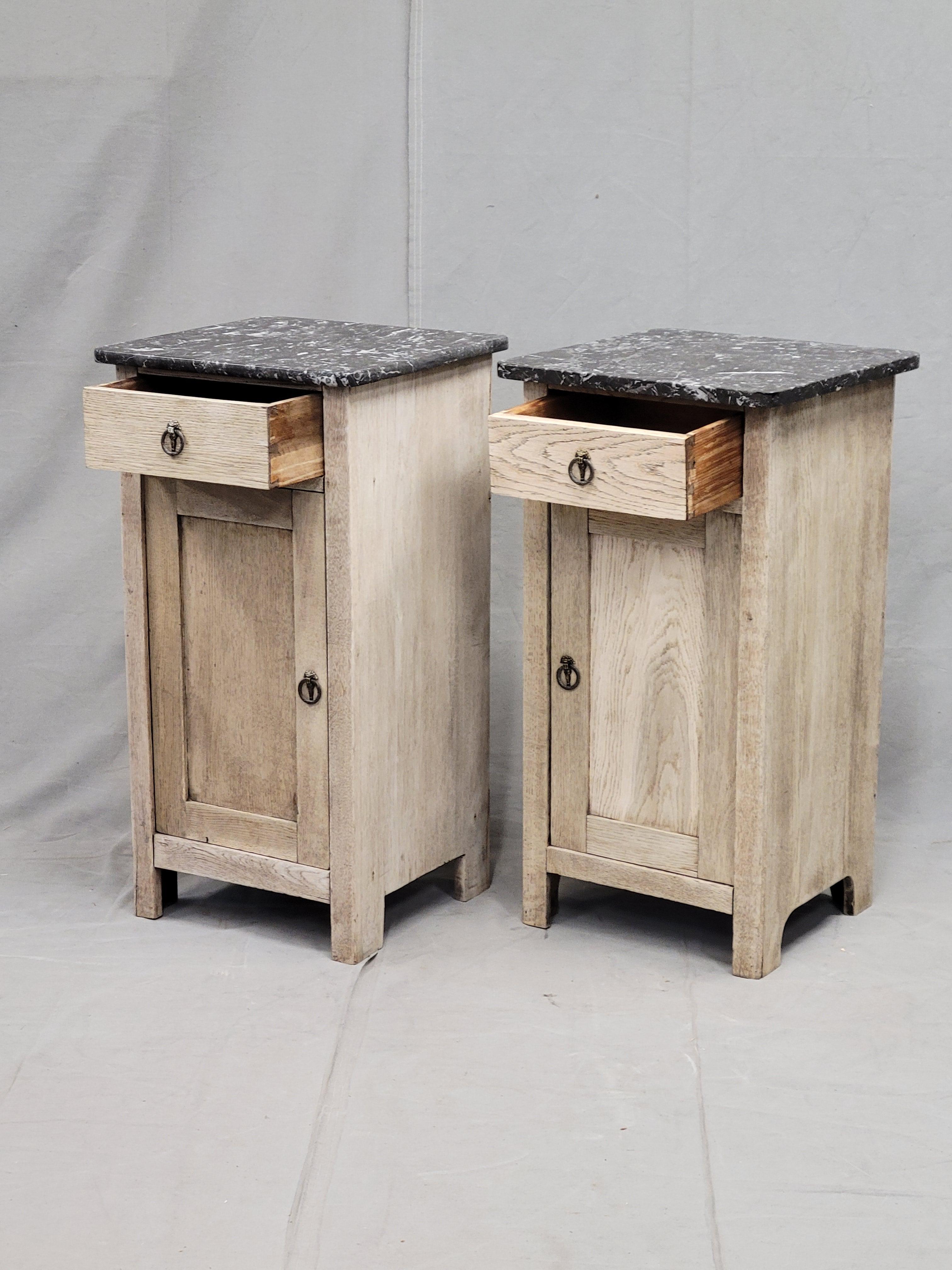 Rustic Antique French Bleached Oak Nightstands With Black Marble Tops