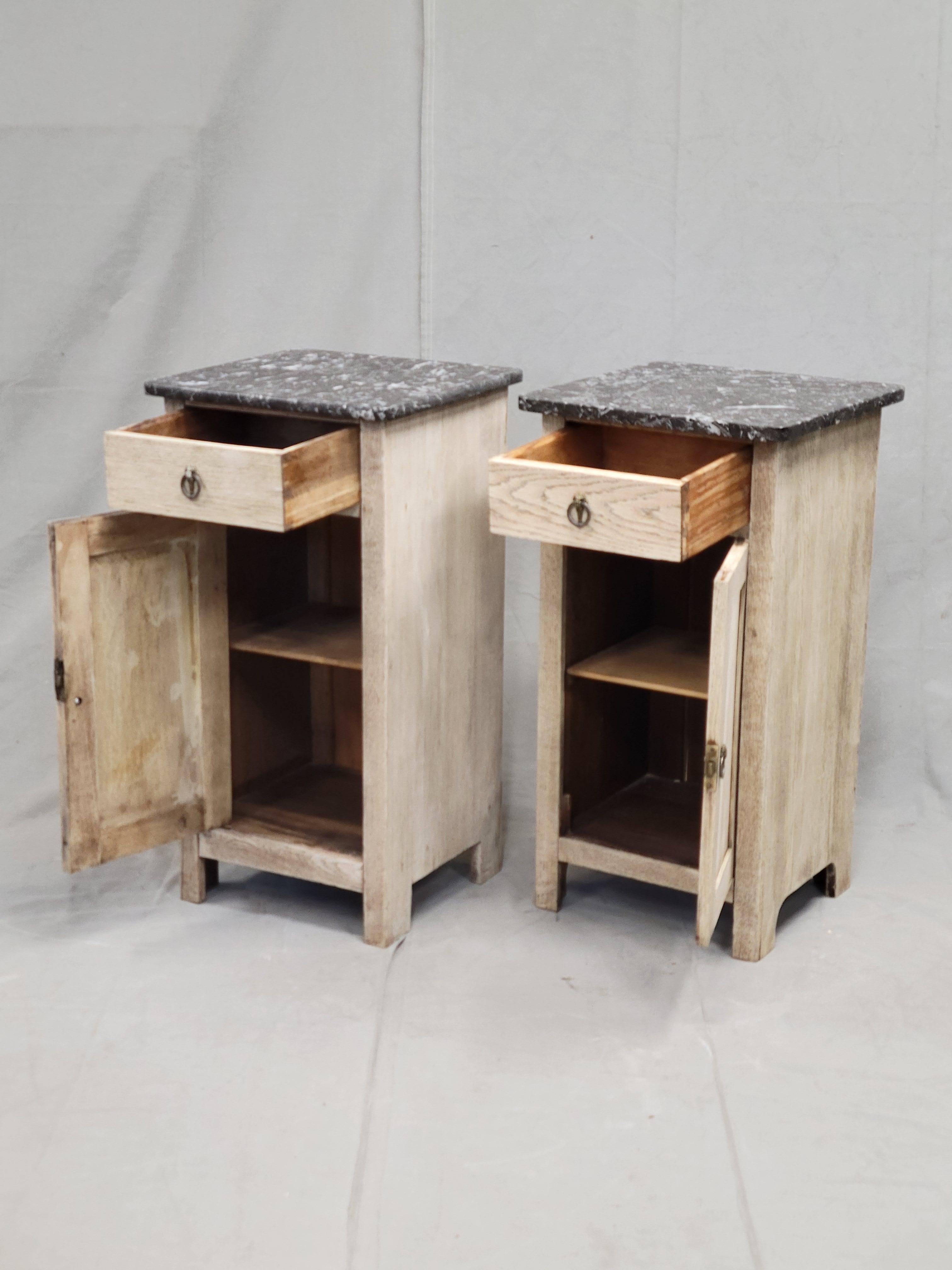 Hand-Crafted Antique French Bleached Oak Nightstands With Black Marble Tops